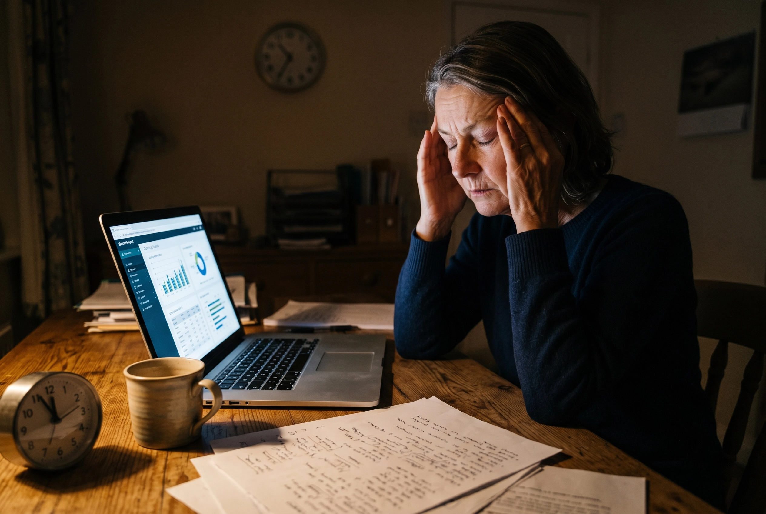 Stressed professional working late at night on a laptop, rubbing their temples.