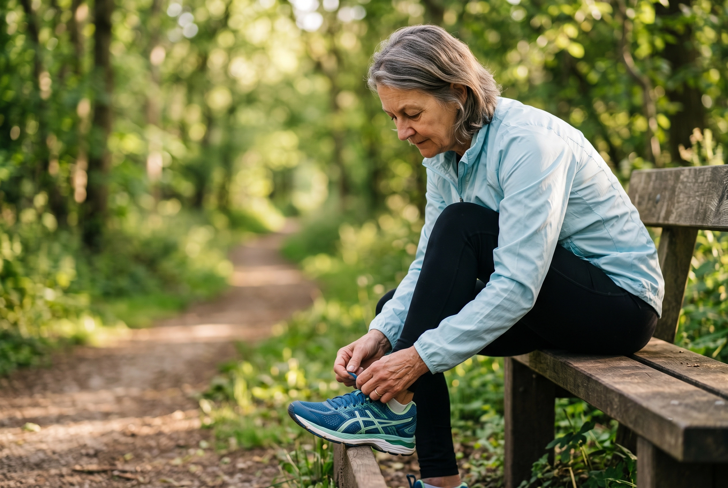 Person tying running shoes preparing for a walk to help lower blood sugar naturally.