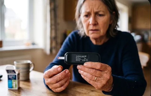 Person looking at a high reading on a blood glucose meter with a frustrated expression.