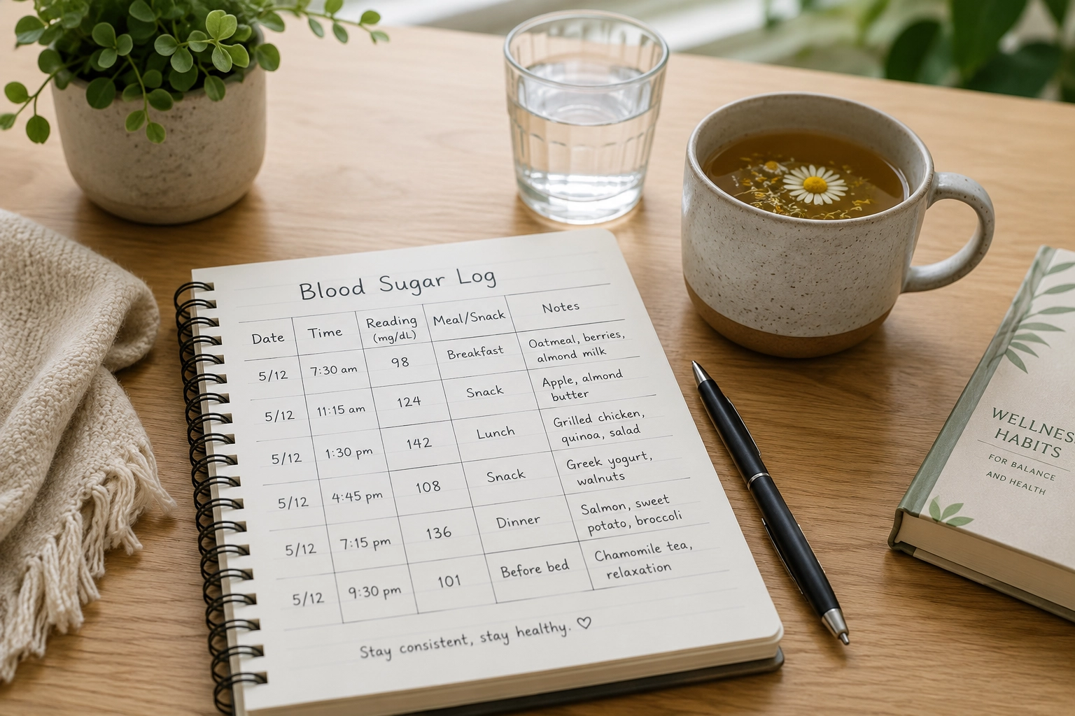 Blood sugar log notebook beside a cup of herbal tea