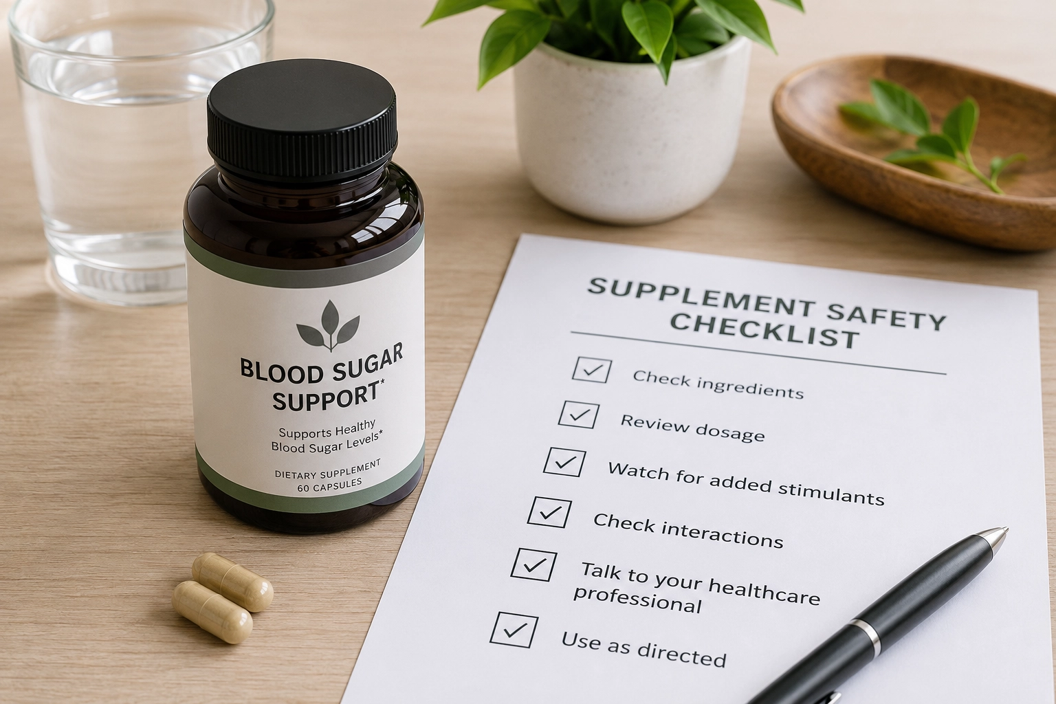 Blood sugar support supplement bottle beside a safety checklist