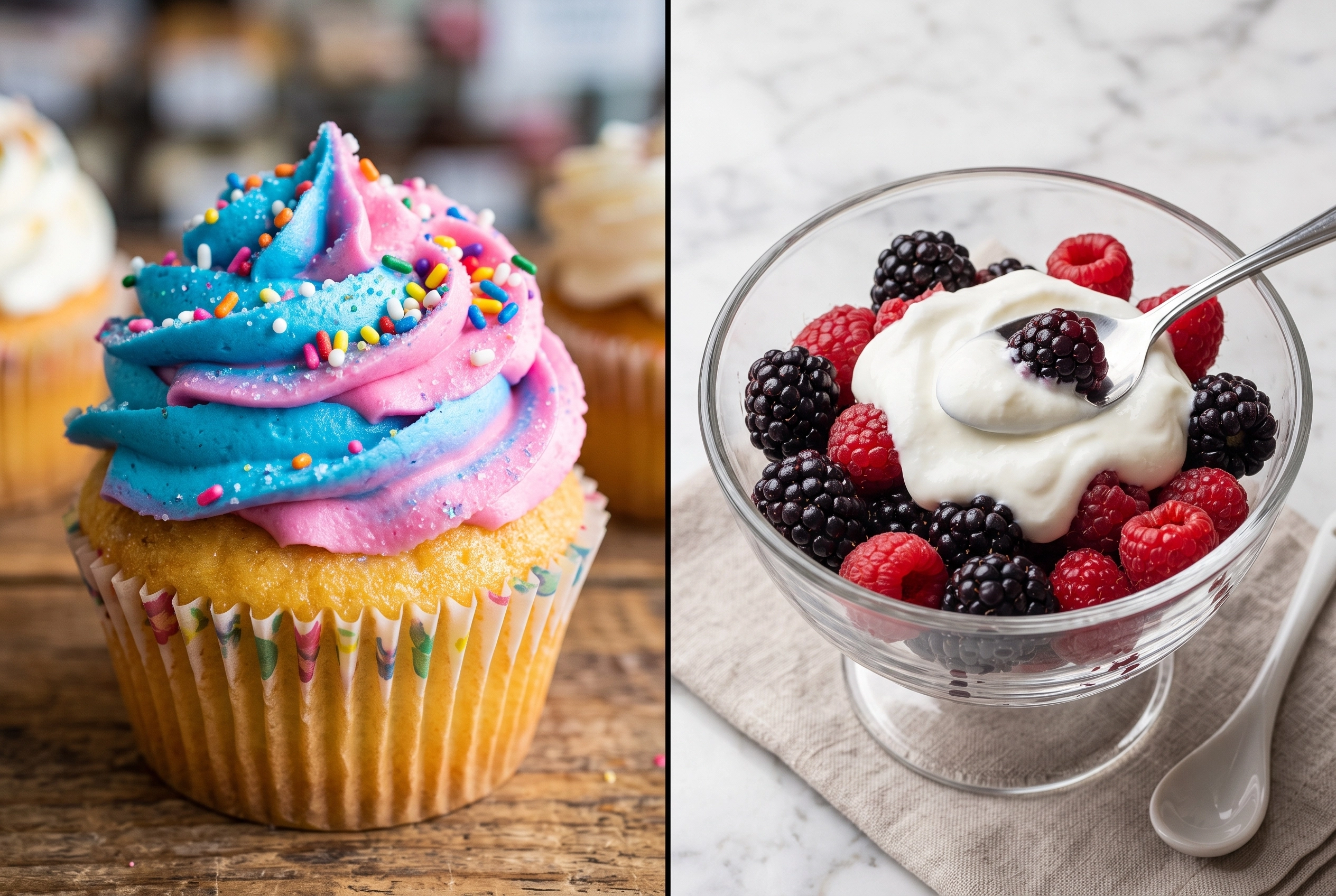 Comparison of a heavily frosted sugary cupcake and a balanced diabetes-friendly snack of fresh berries and Greek yogurt.