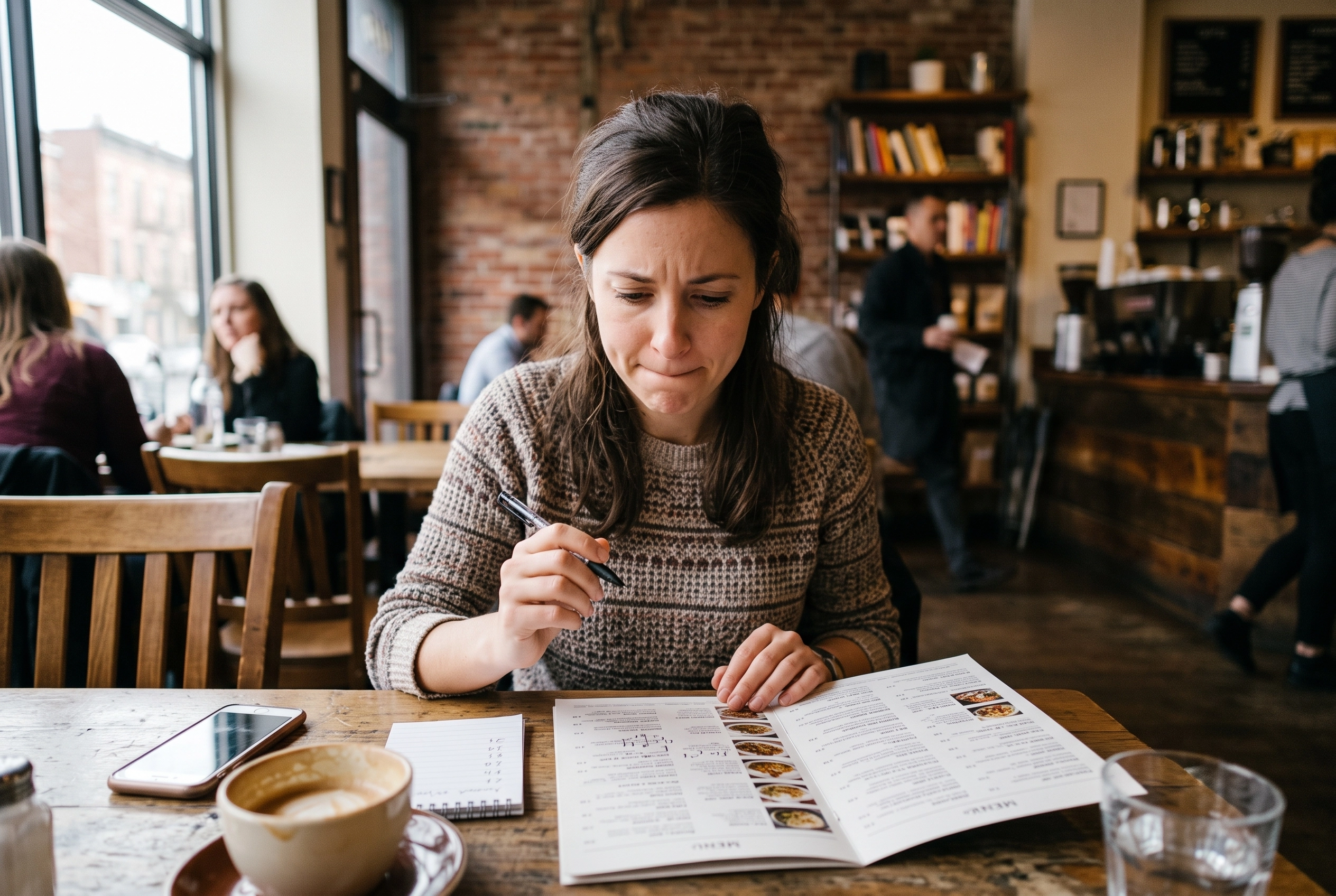 Person with diabetes feeling anxious while calculating carbohydrates and making choices at a cafe.