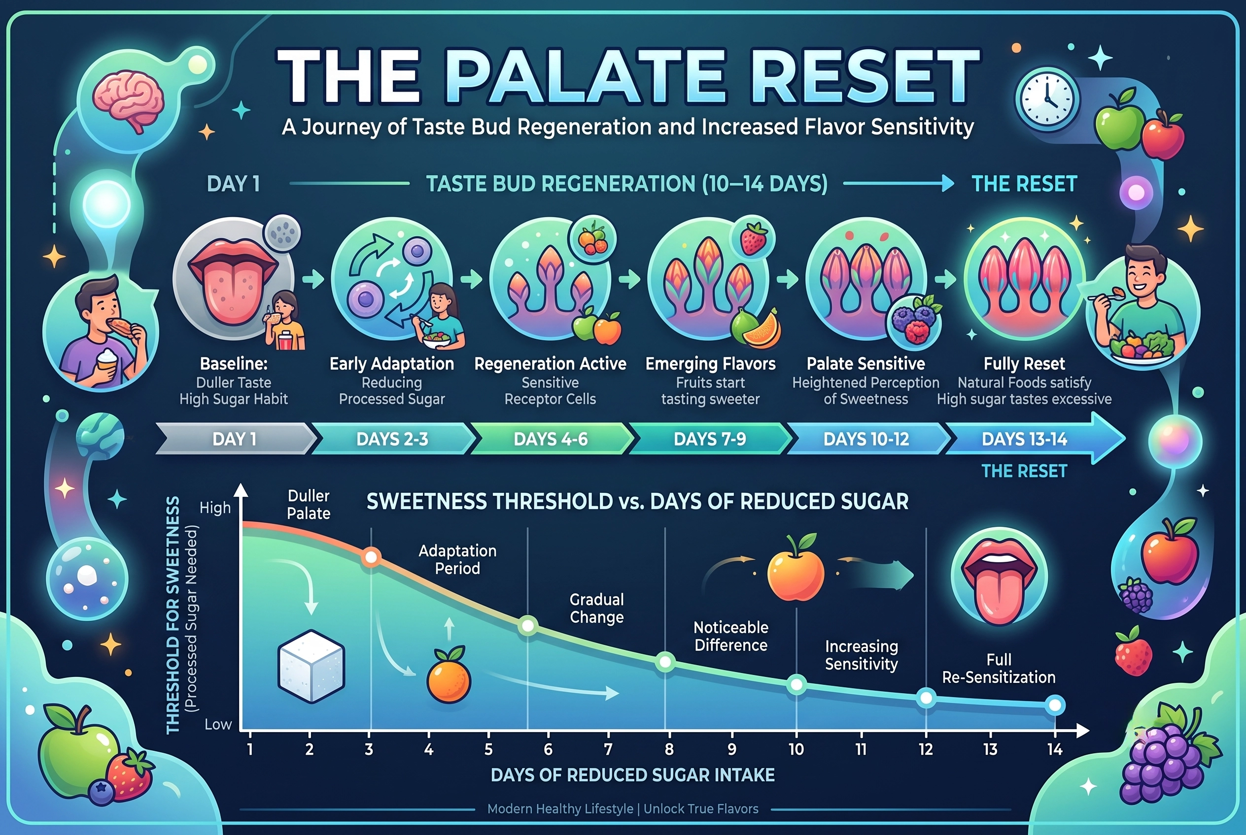 Infographic explaining neuroadaptation and how taste buds reset when reducing sugar intake.