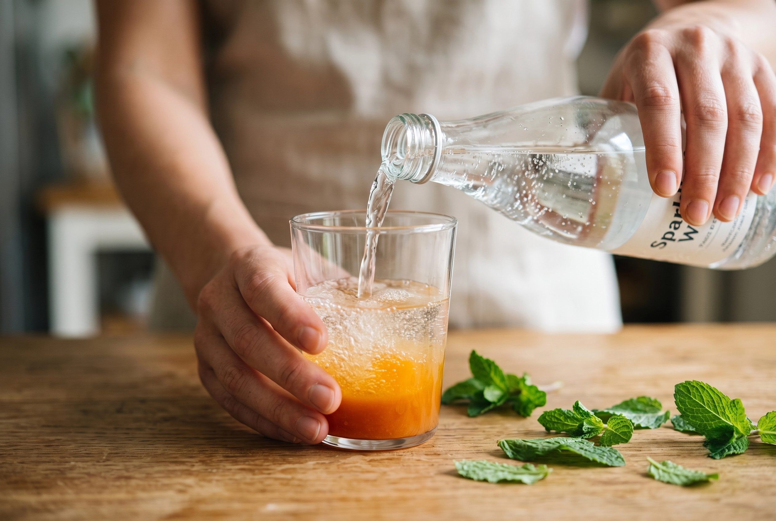 Diluting sweet fruit juice with sparkling water to manage sugar cravings and reset the palate.