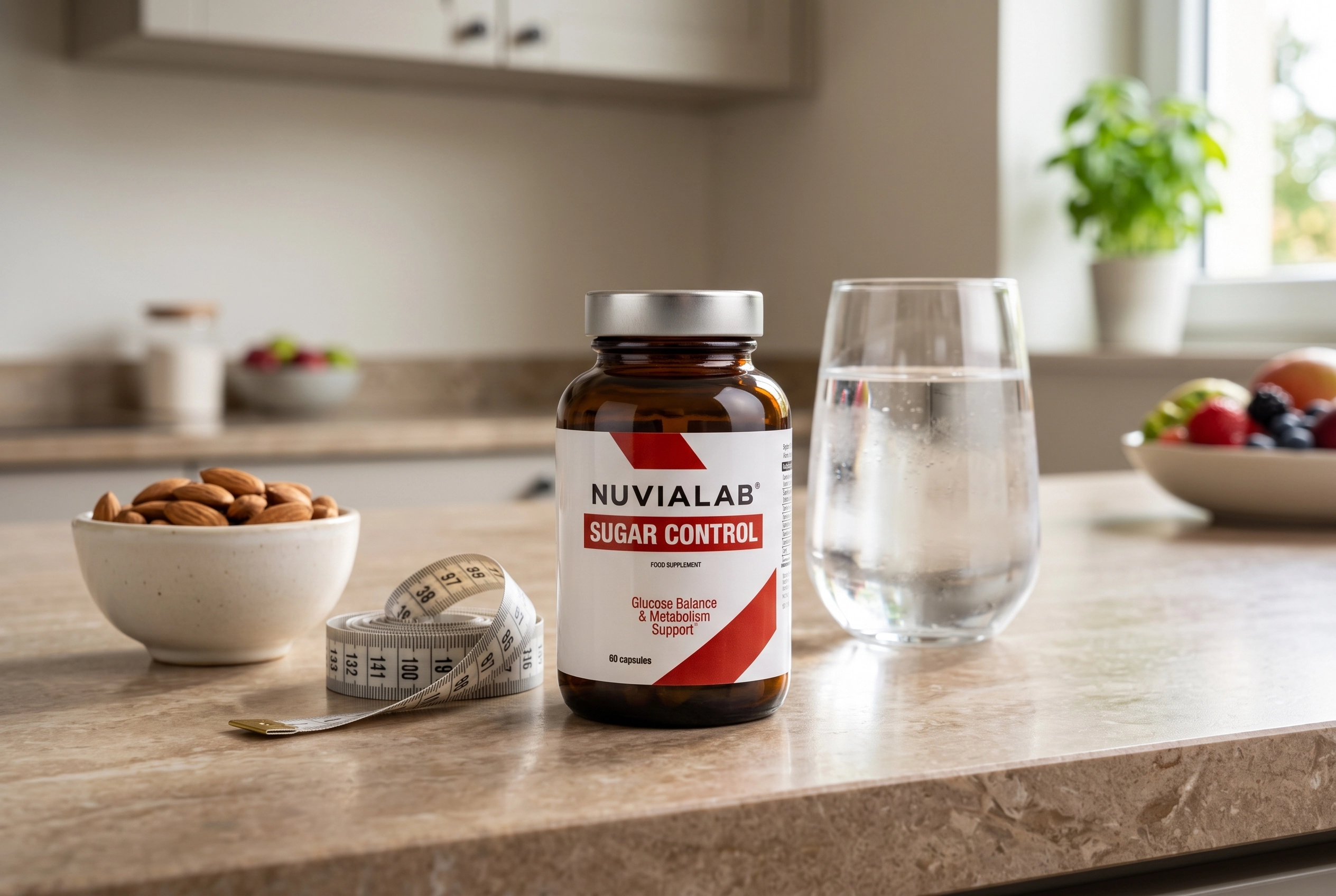 NuviaLab Sugar Control food supplement bottle on a kitchen counter next to healthy snacks.