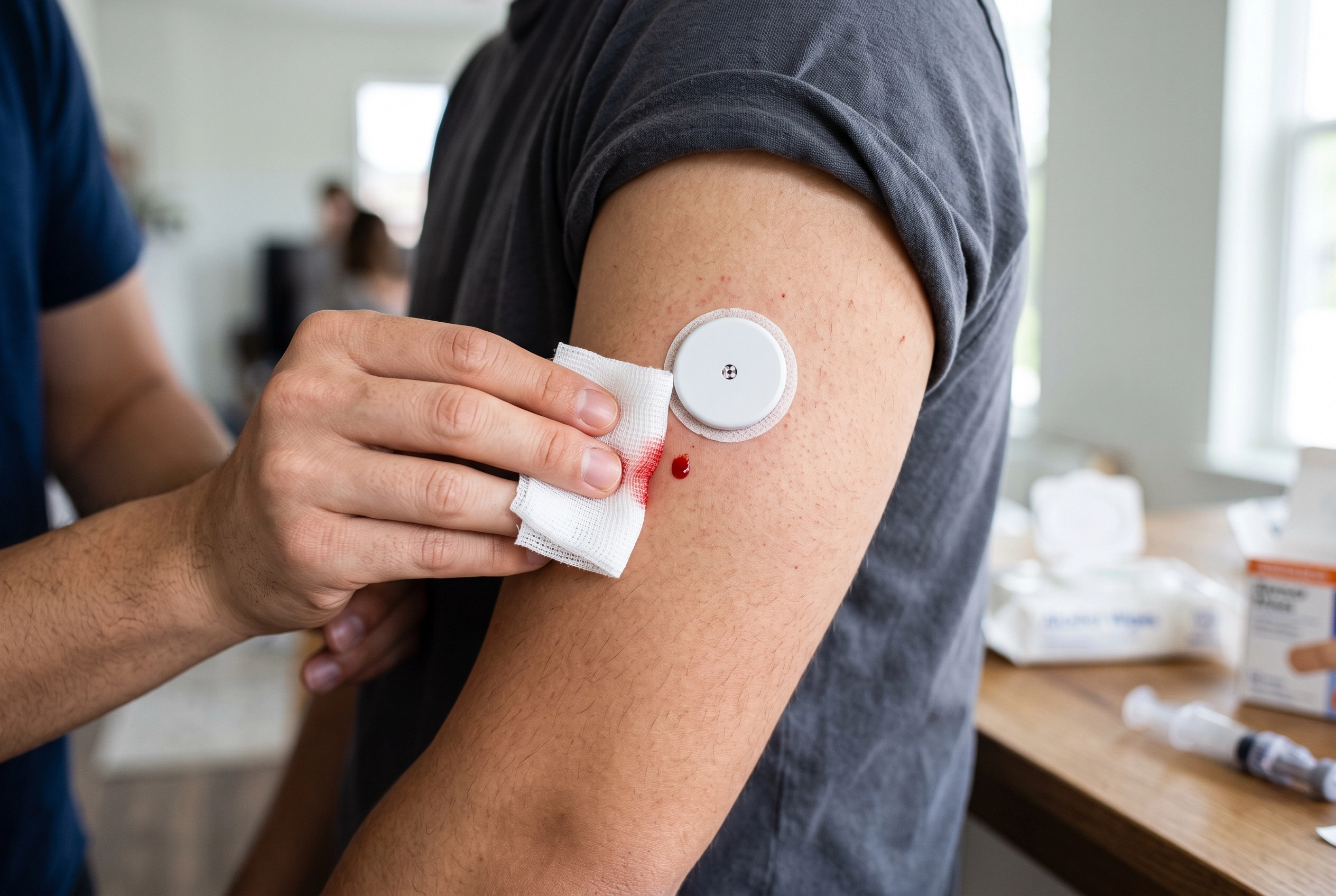 Person gently dabbing a small amount of blood from a newly inserted continuous glucose monitor on the back of their arm.