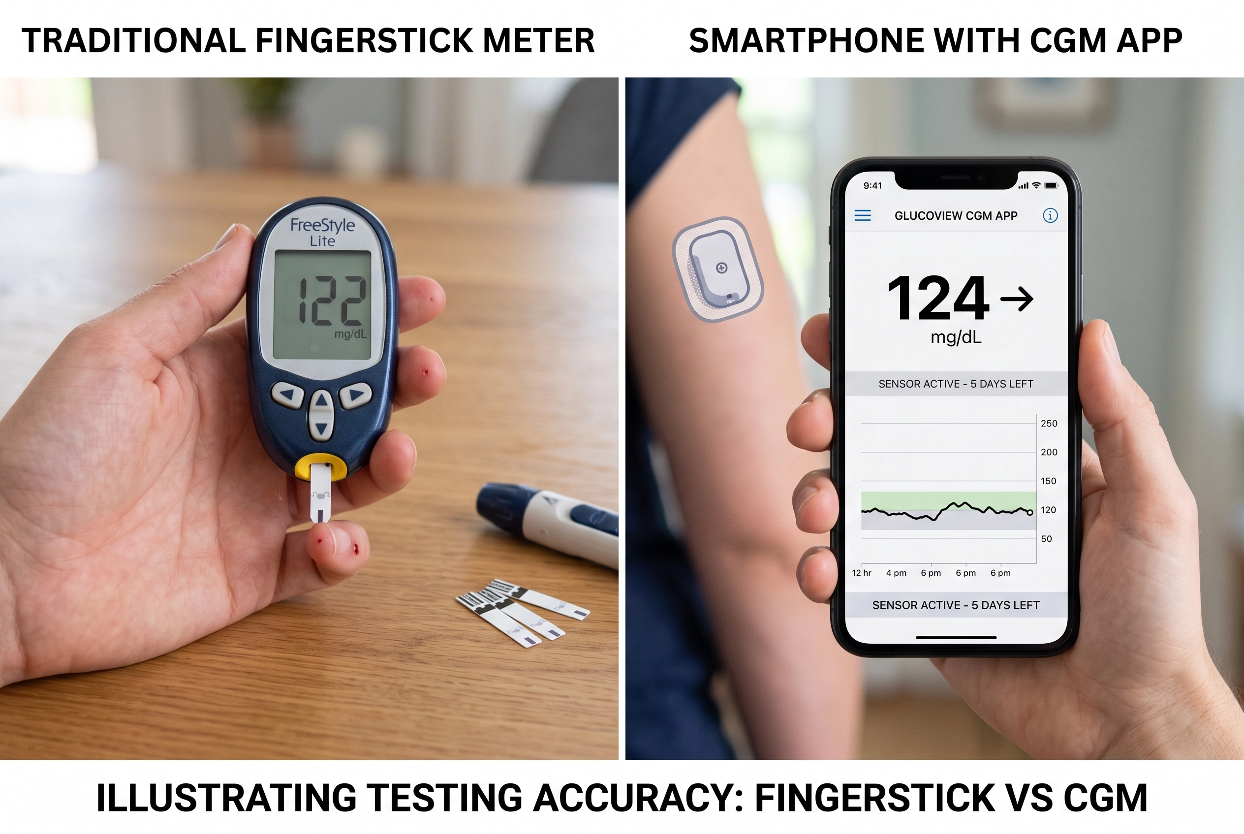 Comparing blood sugar readings between a fingerstick meter and a continuous glucose monitor smartphone app.