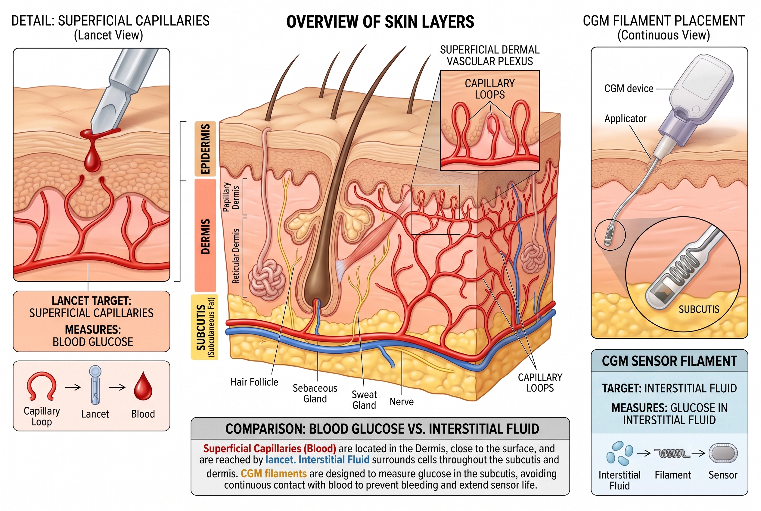 Anatomical diagram showing how a CGM filament sits in the subcutaneous tissue near superficial skin capillaries.