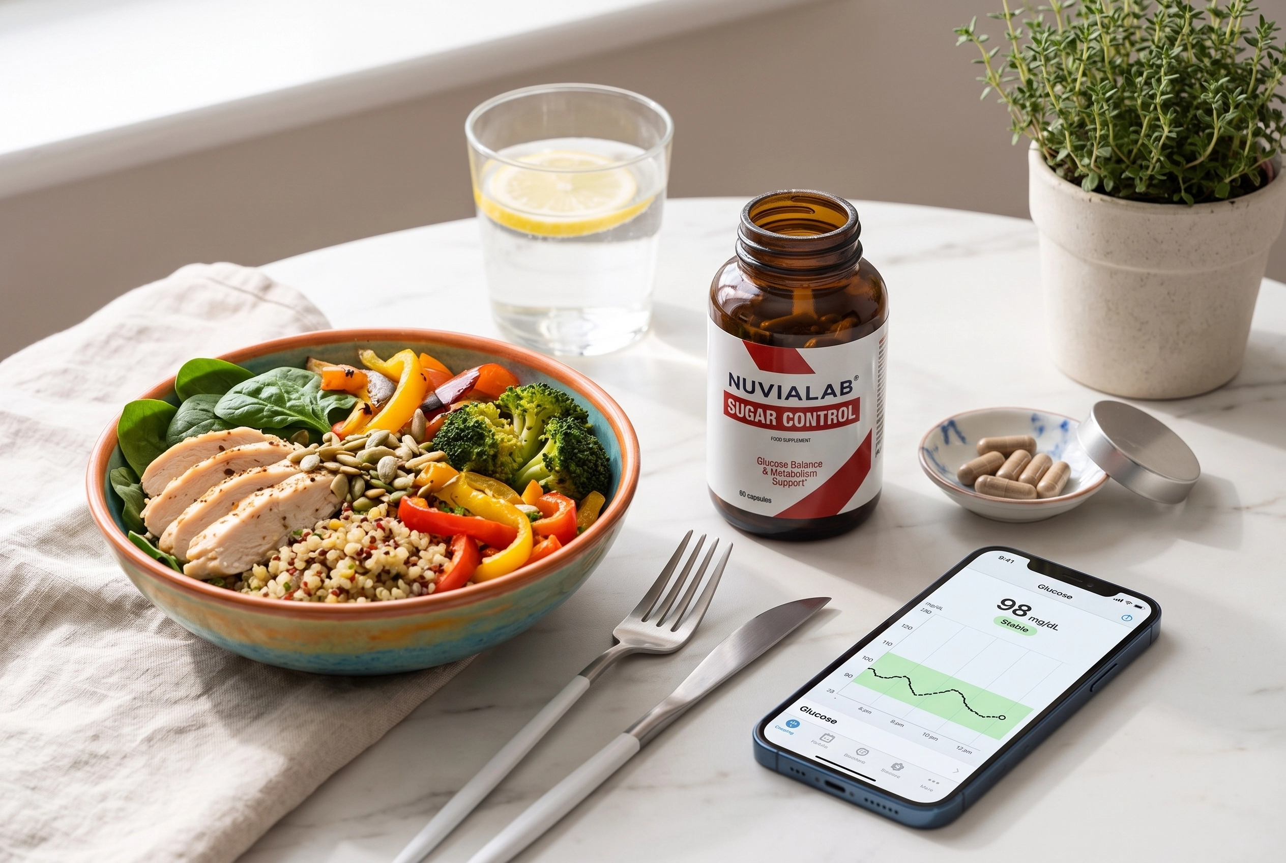 NuviaLab Sugar Control supplement bottle next to a healthy meal and a smartphone displaying a stable blood sugar chart.
