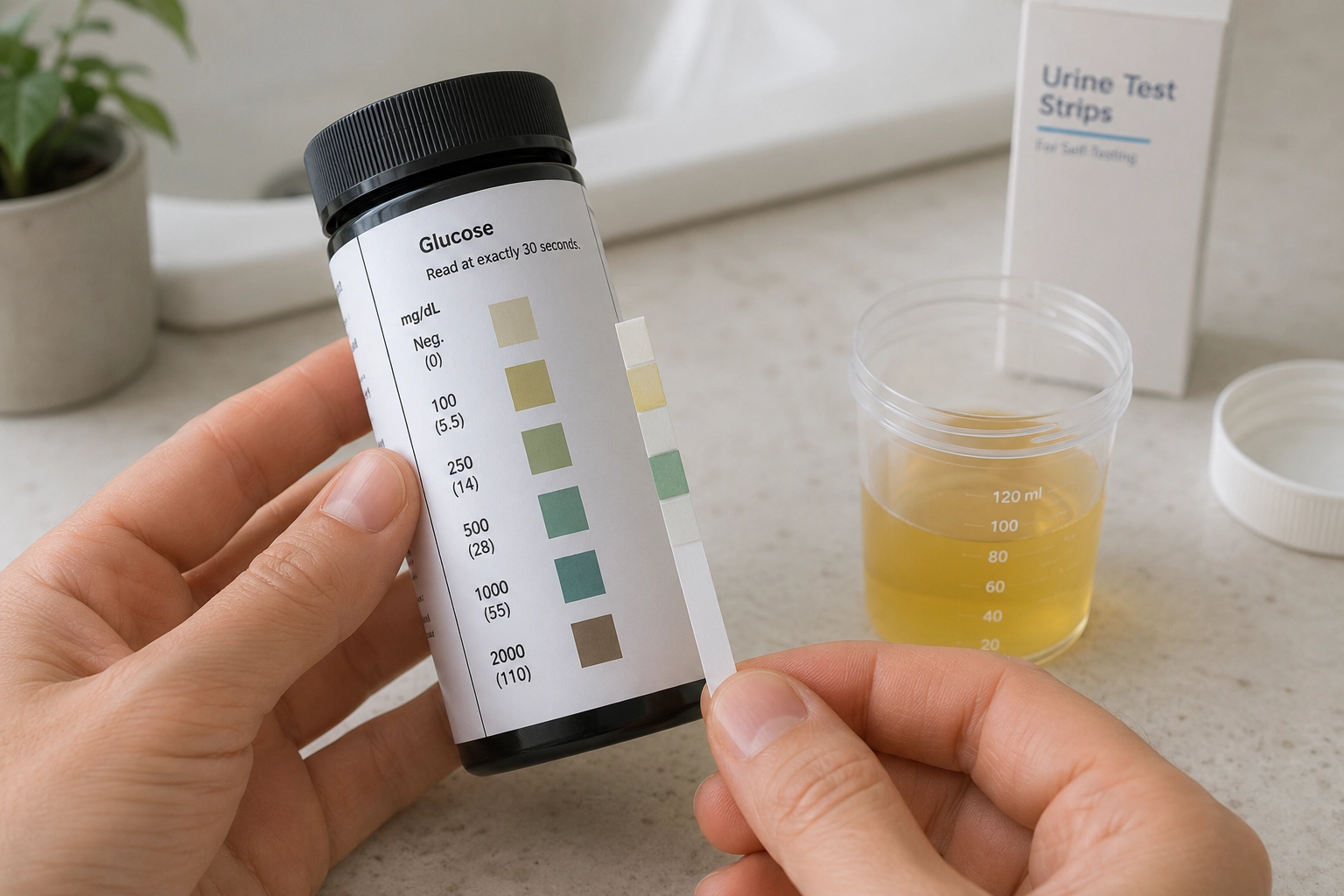 Person comparing a urine glucose test strip with a color chart