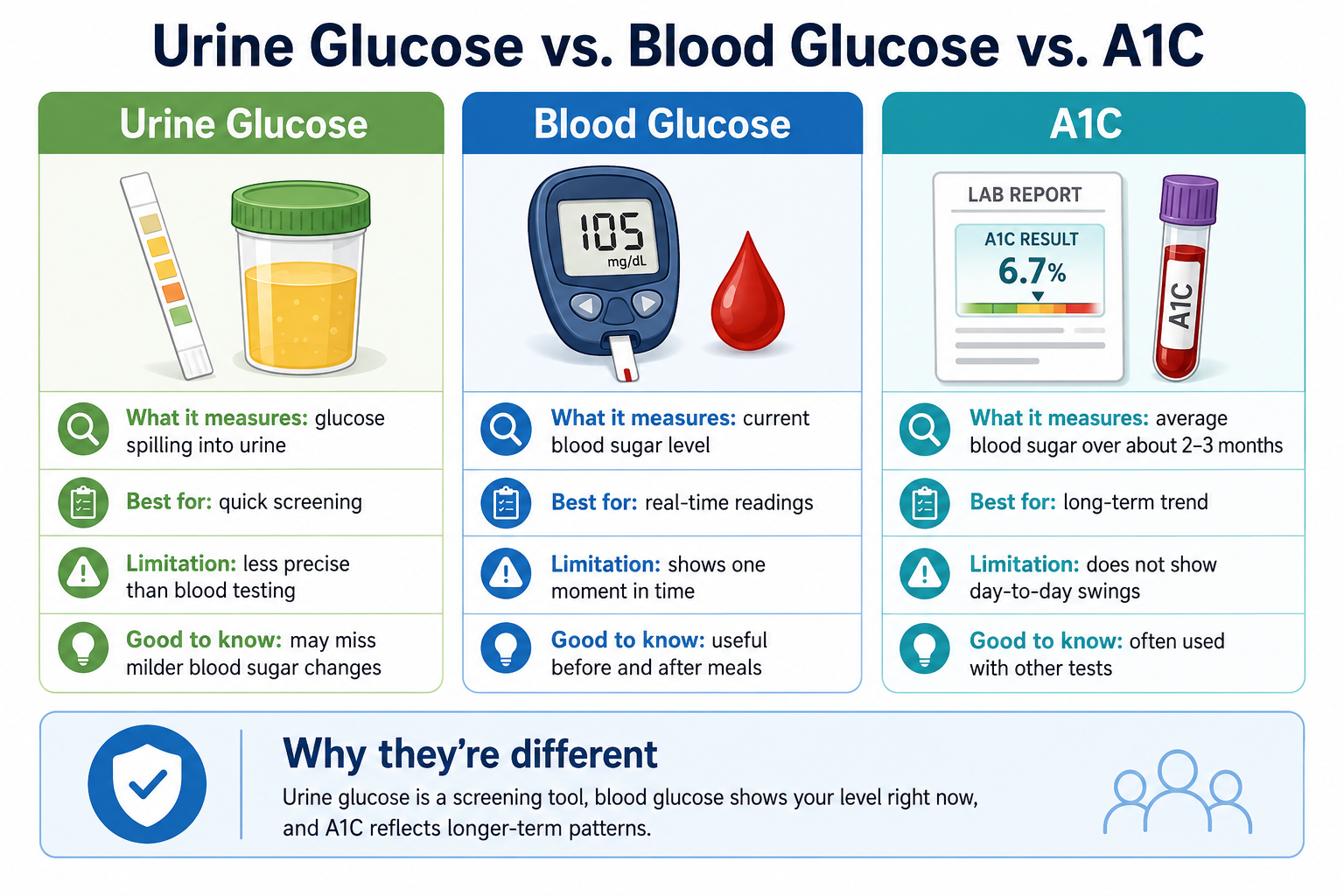 Comparison of urine glucose, blood glucose, and A1C tests