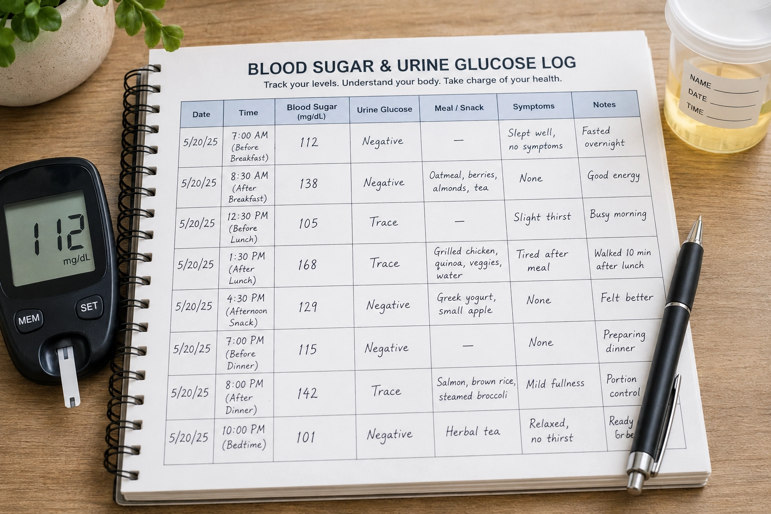 Blood sugar and urine glucose tracking log with notes for meals and symptoms