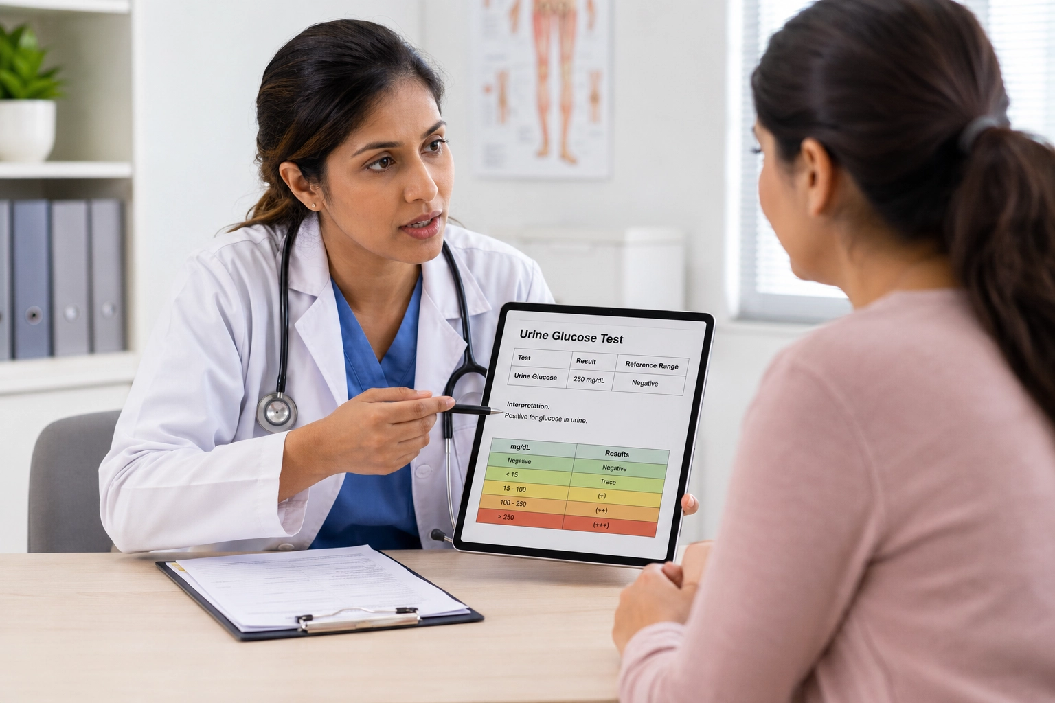 Patient discussing urine glucose results with a healthcare professional