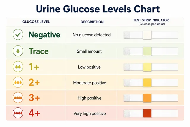 Urine glucose levels chart showing negative, trace, 1 plus, 2 plus, 3 plus, and 4 plus results