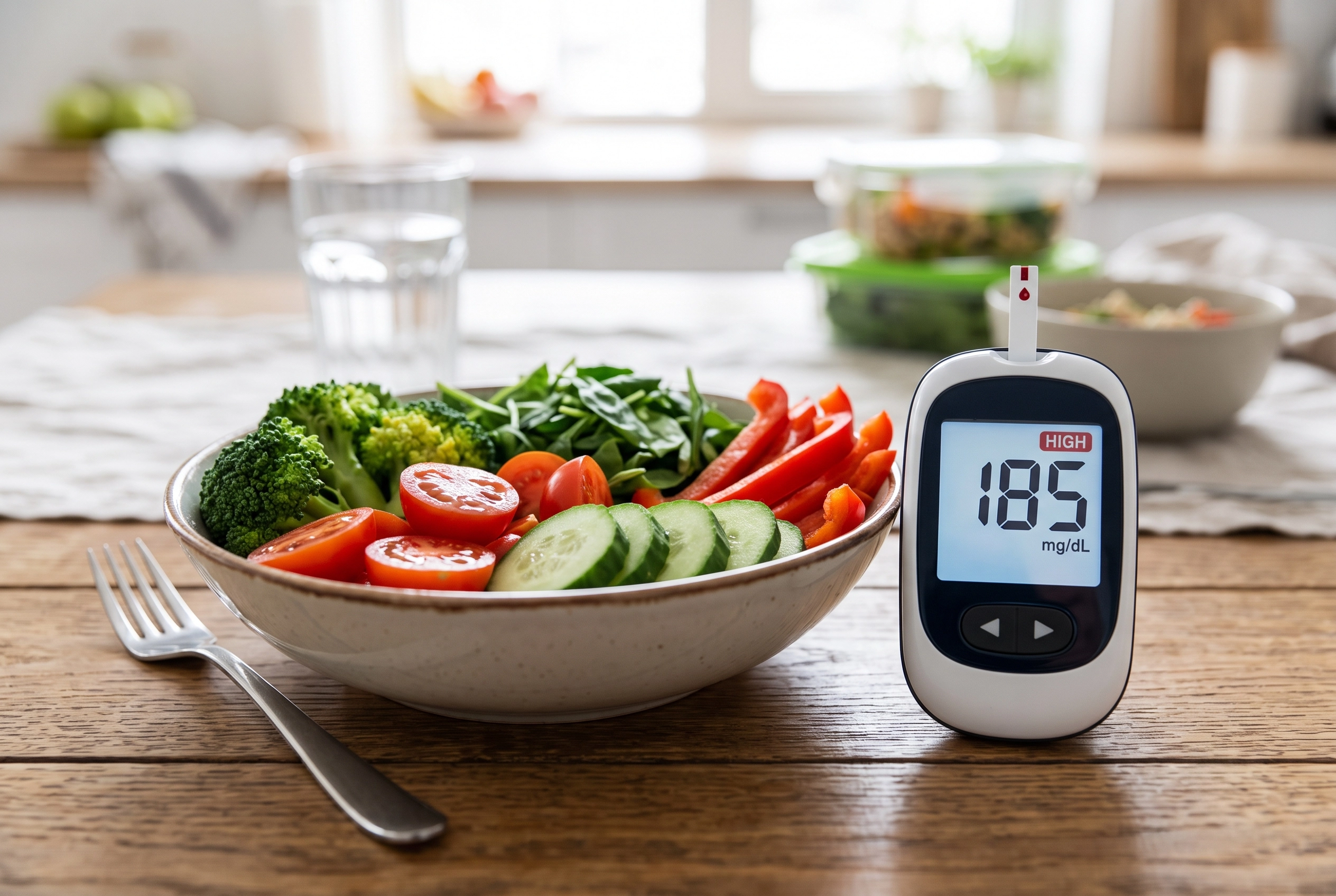 A healthy bowl of vegetables next to a blood sugar meter showing an elevated reading, representing the frustration of high glucose despite a good diet.