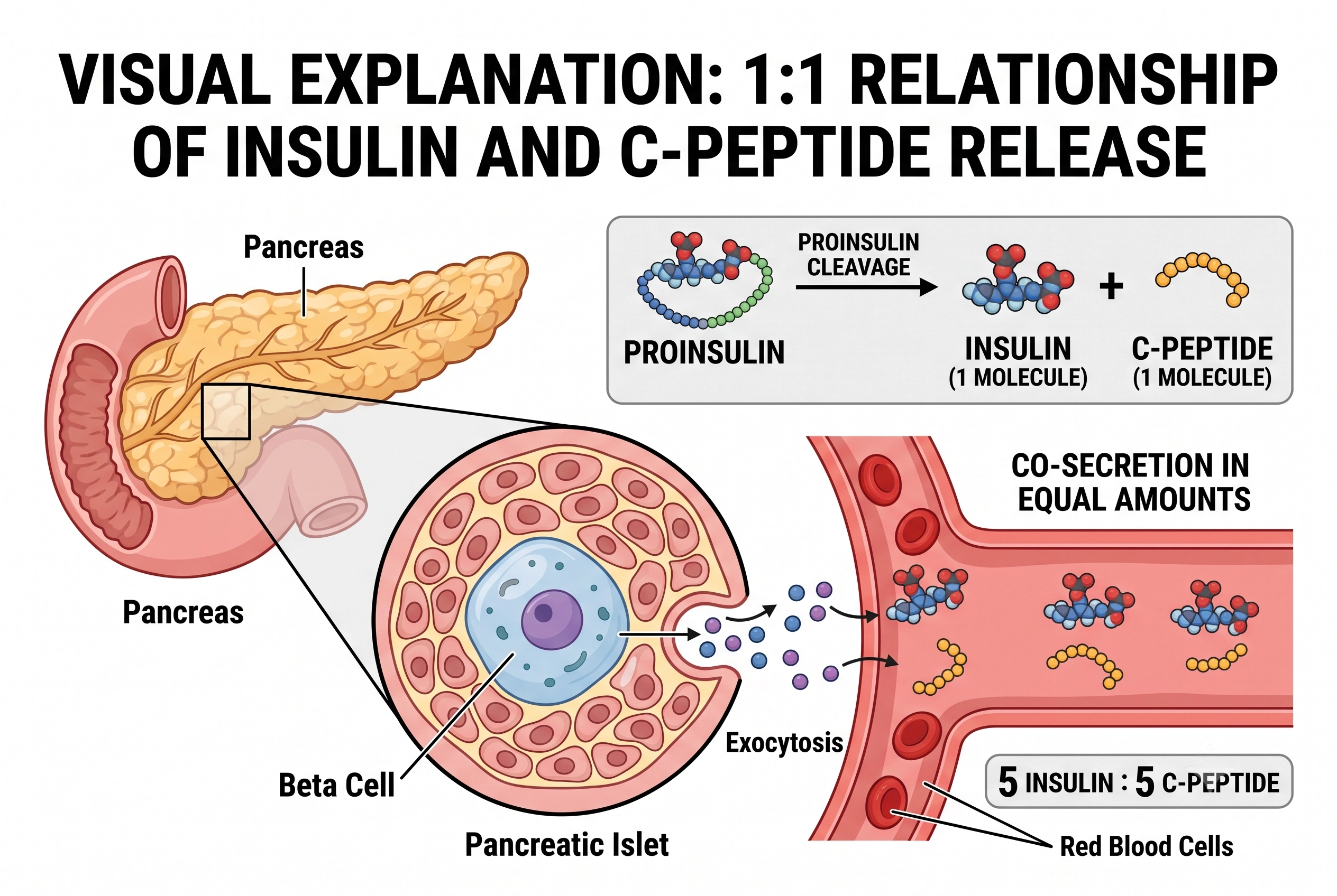 Medical diagram illustrating the pancreas secreting equal amounts of insulin and C-peptide molecules into the blood.