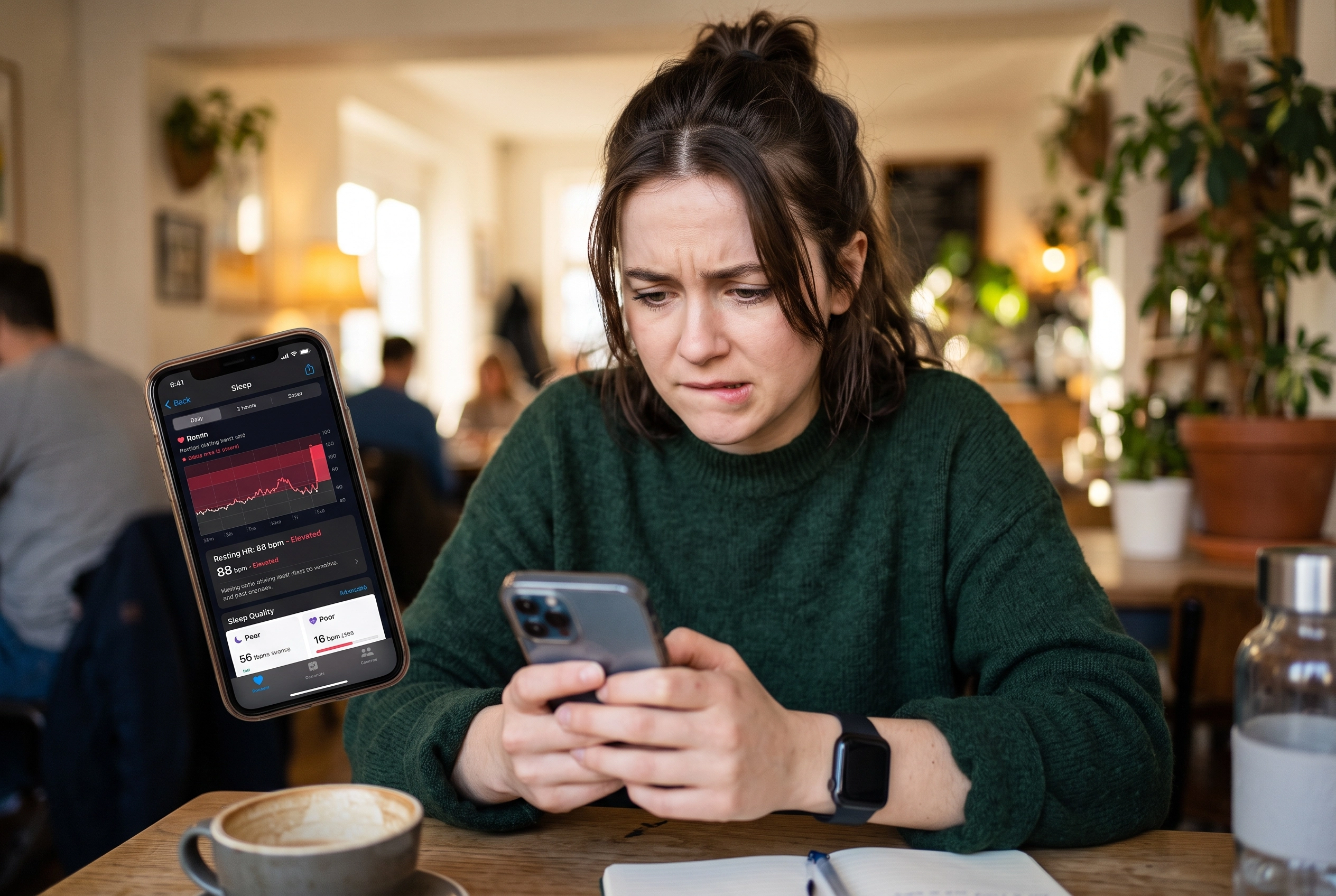 A woman looking worried while checking her health data, illustrating the impact of stress and health anxiety on blood sugar.
