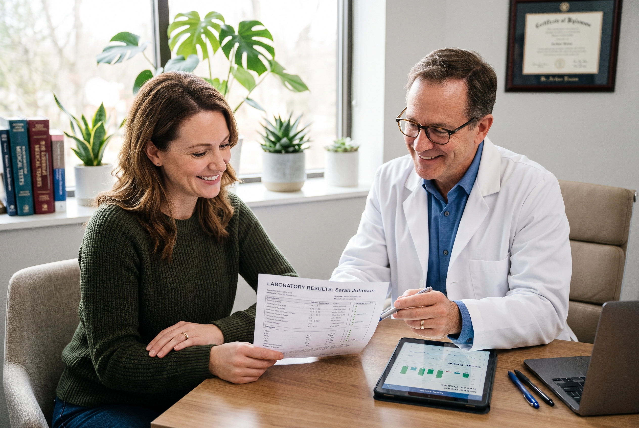 A patient and doctor reviewing lab results in a supportive environment to discuss genetic factors of high blood sugar.