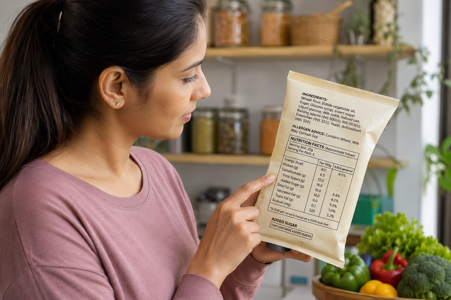 Person checking a nutrition label on a packaged snack for glucose syrup and added sugar