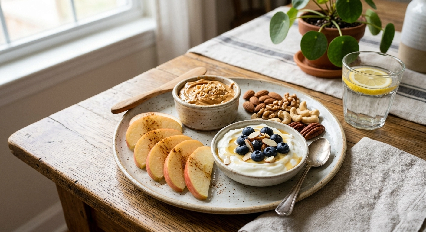 Balanced snack plate with apple slices, peanut butter, nuts, and Greek yogurt.