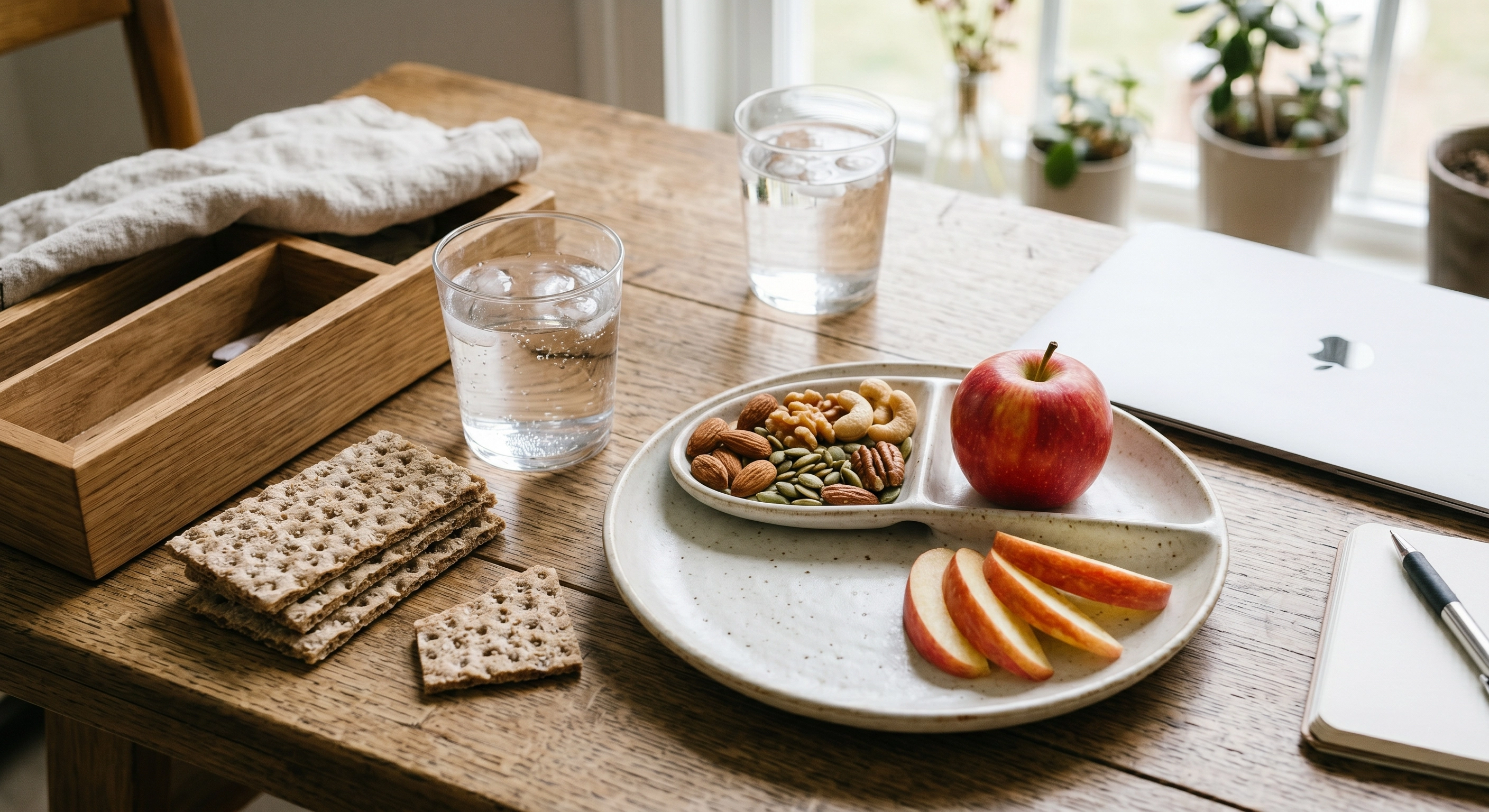 Simple work desk snack with nuts, water, crackers, and fruit.