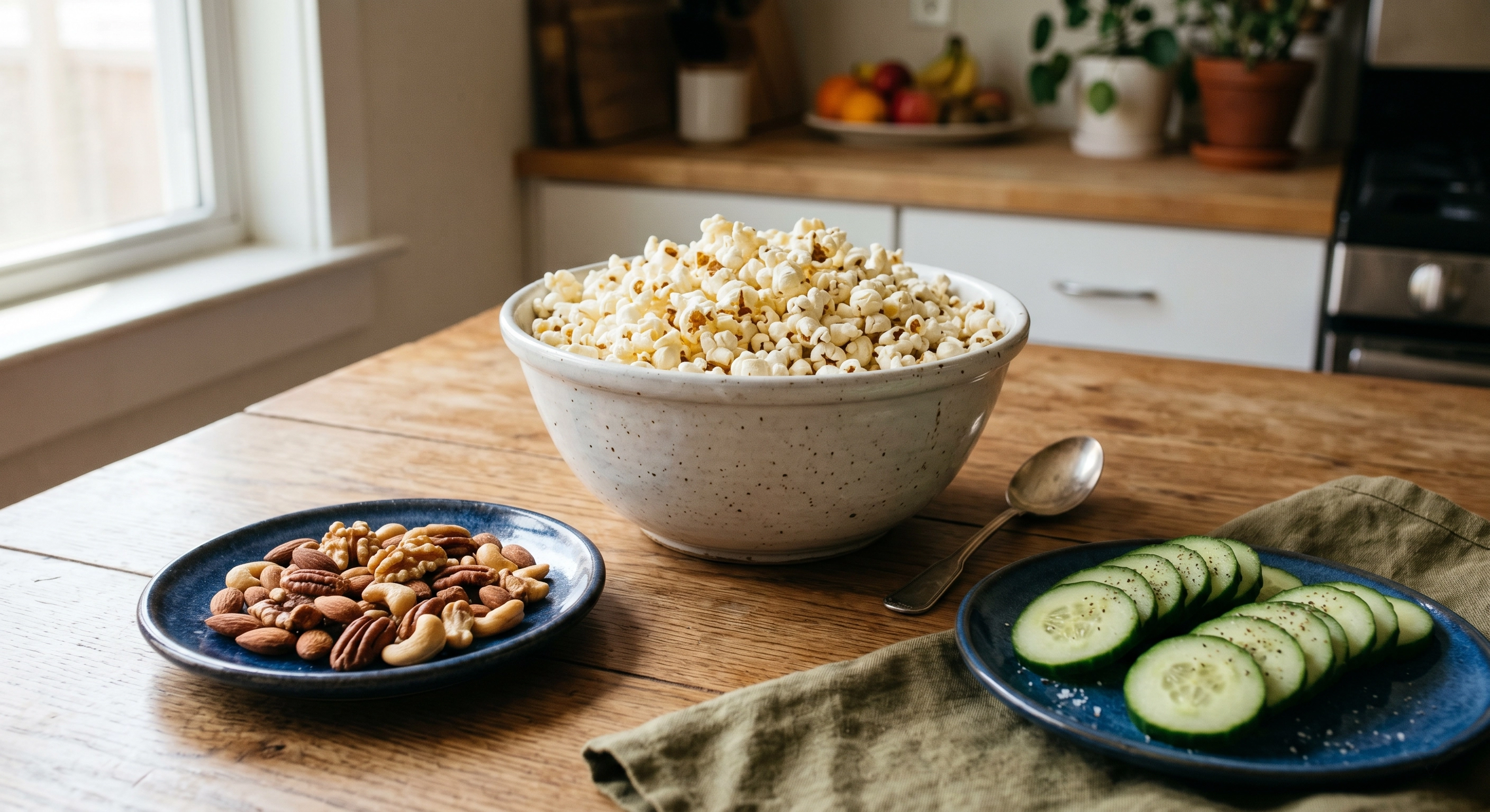 Air-popped popcorn with nuts and cucumber slices as a crunchy snack.