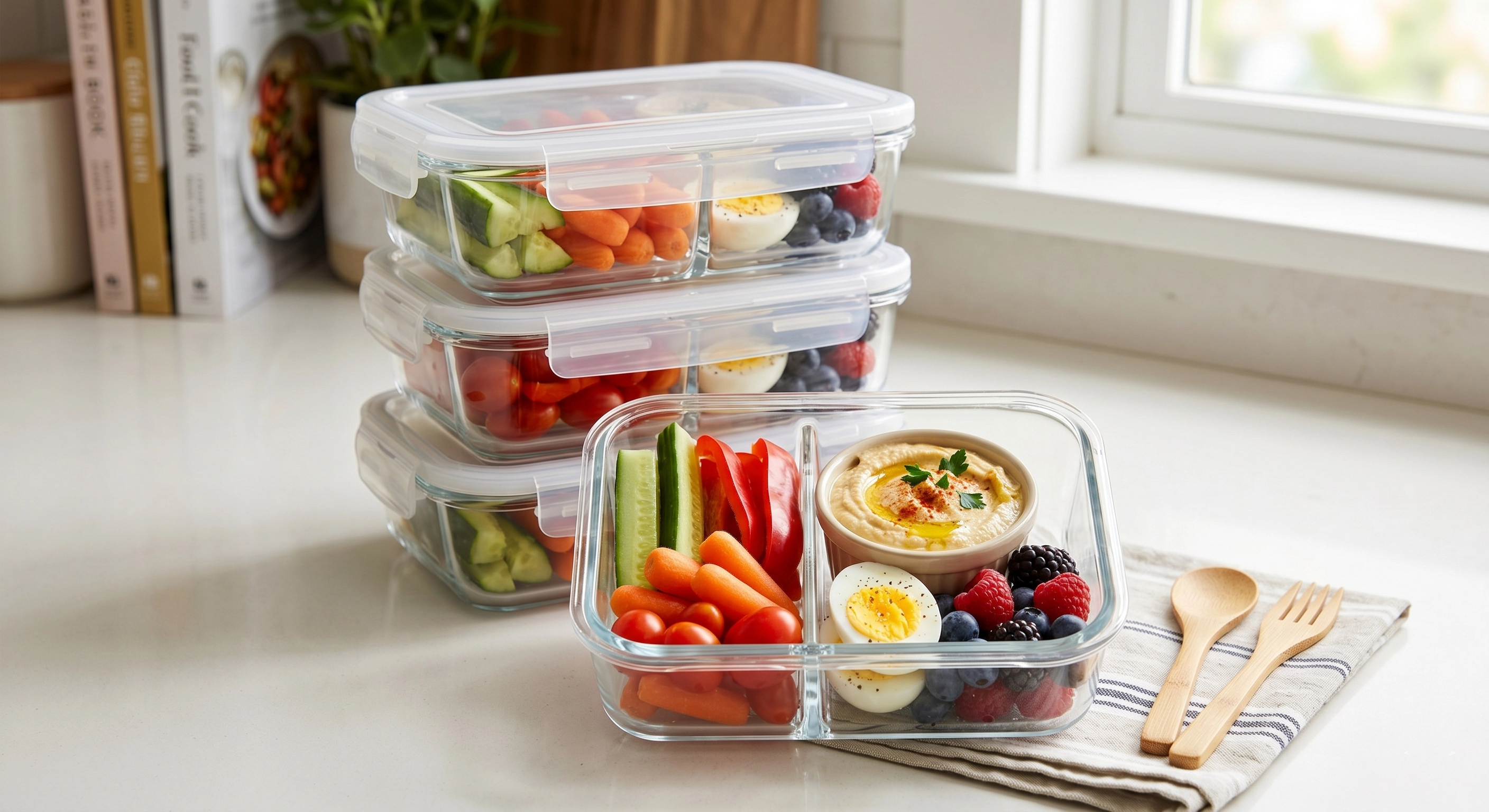 Meal prep snack boxes with vegetables, hummus, boiled eggs, and berries.