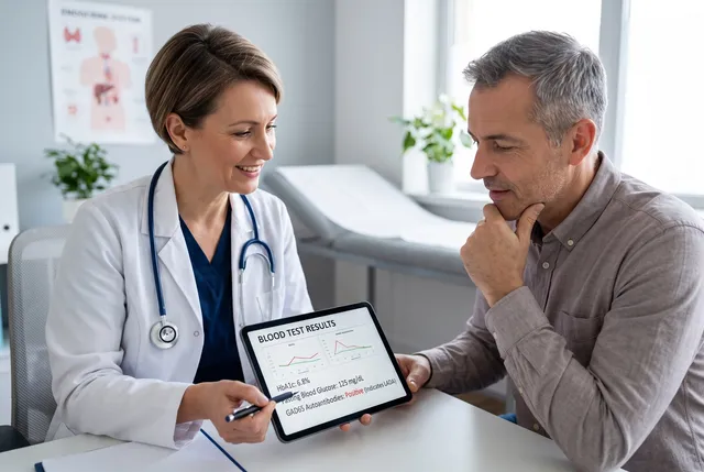 A doctor and an adult patient discussing diabetes diagnosis and blood test results in a clinic.