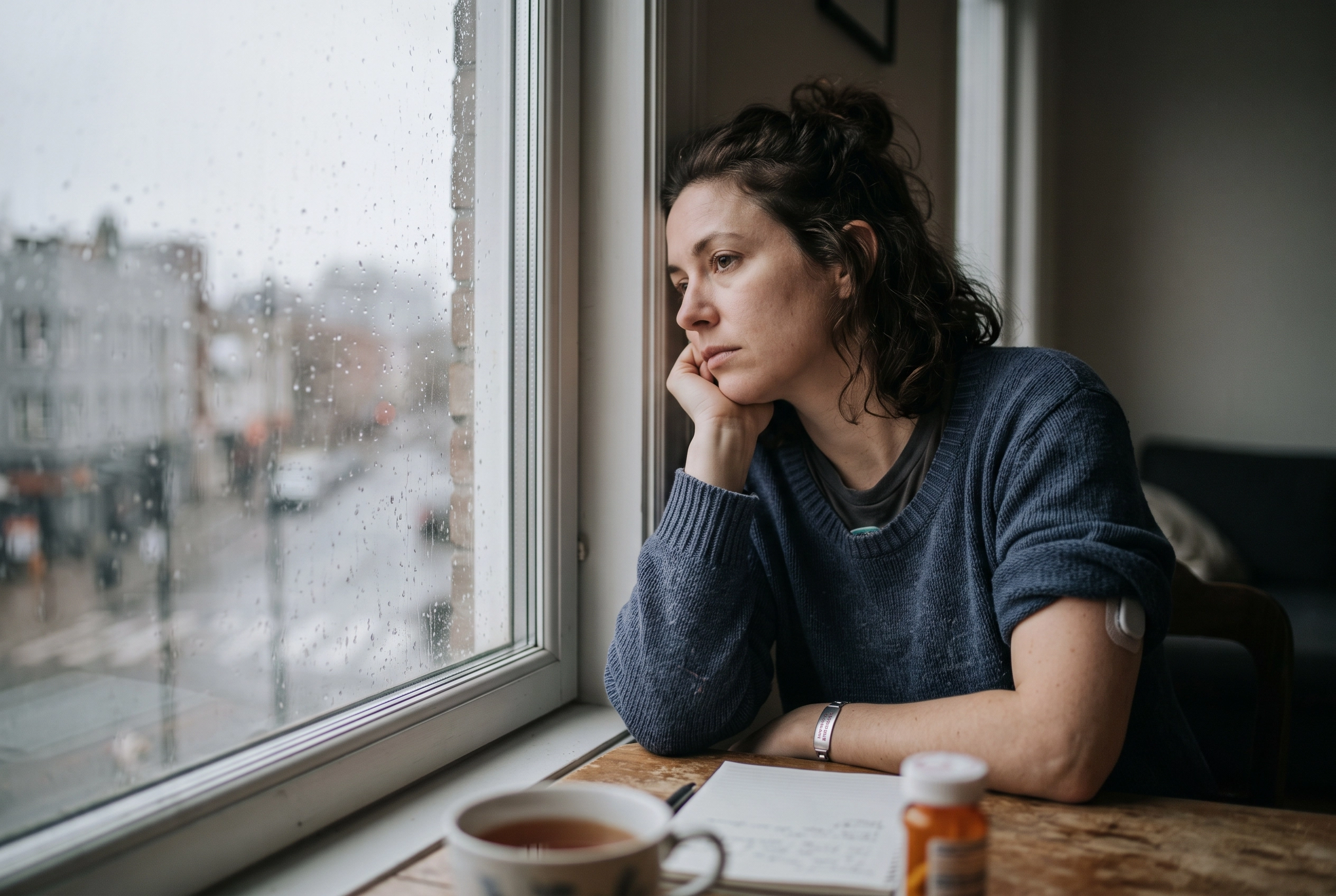 A person looking thoughtfully out a window, representing the emotional exhaustion of living with chronic depression and diabetes.