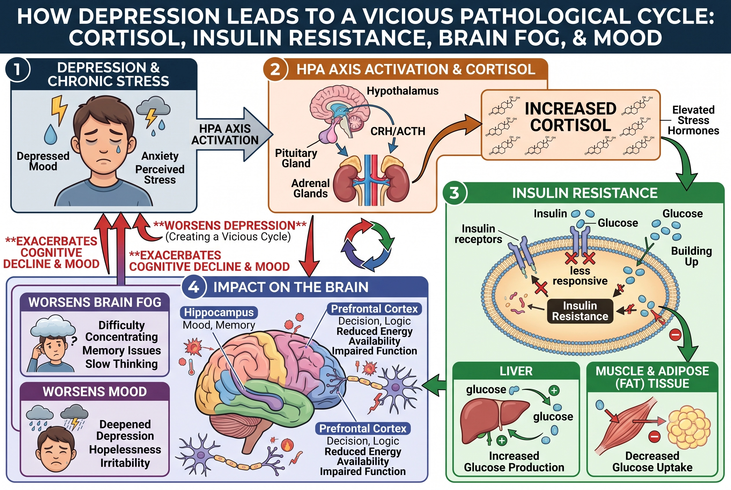 Diagram illustrating how depression increases cortisol, which causes insulin resistance and worsens brain fog and mood.