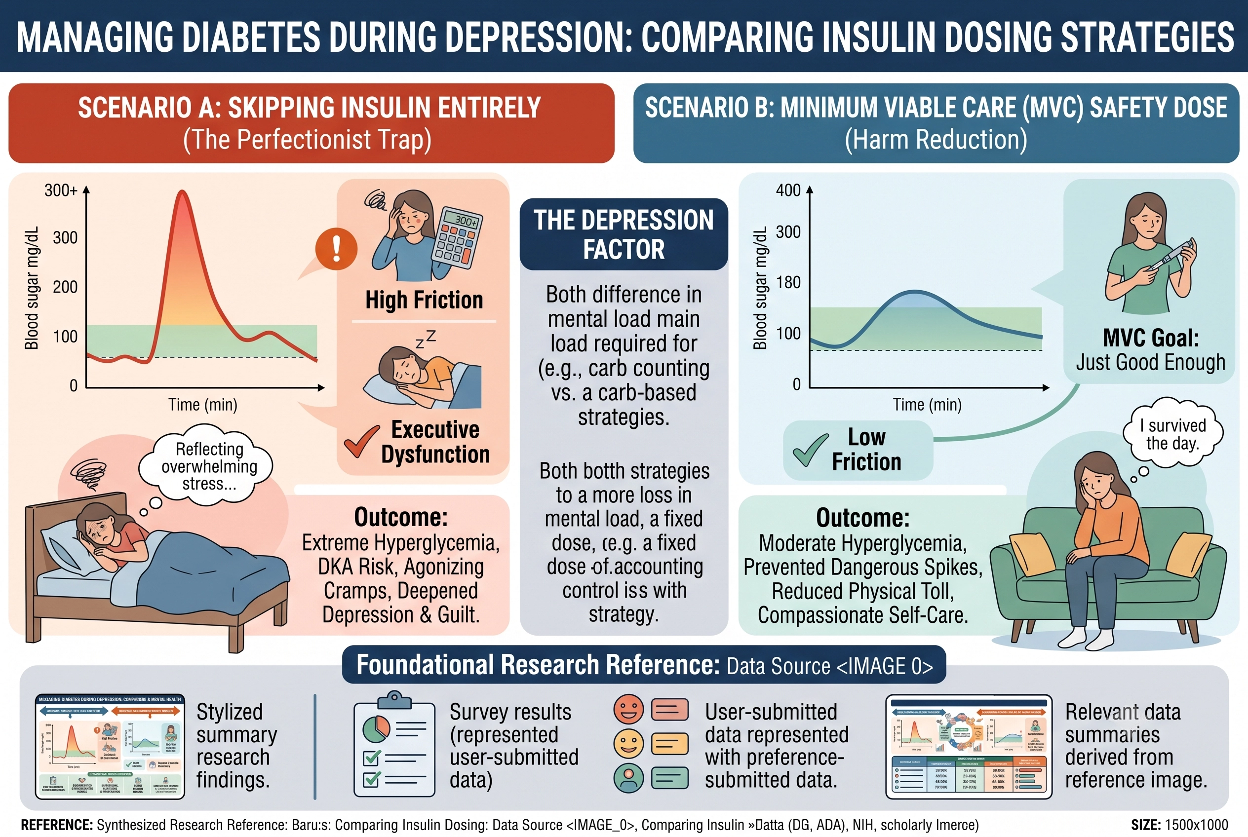 A chart comparing the negative outcome of skipping insulin entirely versus the stabilizing effect of a partial, low-effort insulin dose during a depressive episode.