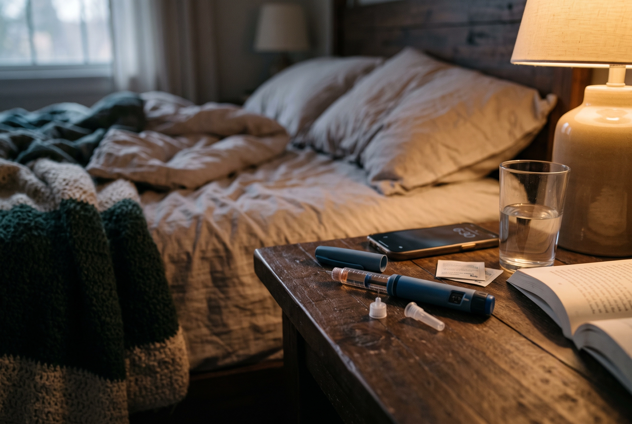 An insulin pen kept conveniently on a bedside table to make taking medication easier during periods of low energy and executive dysfunction.