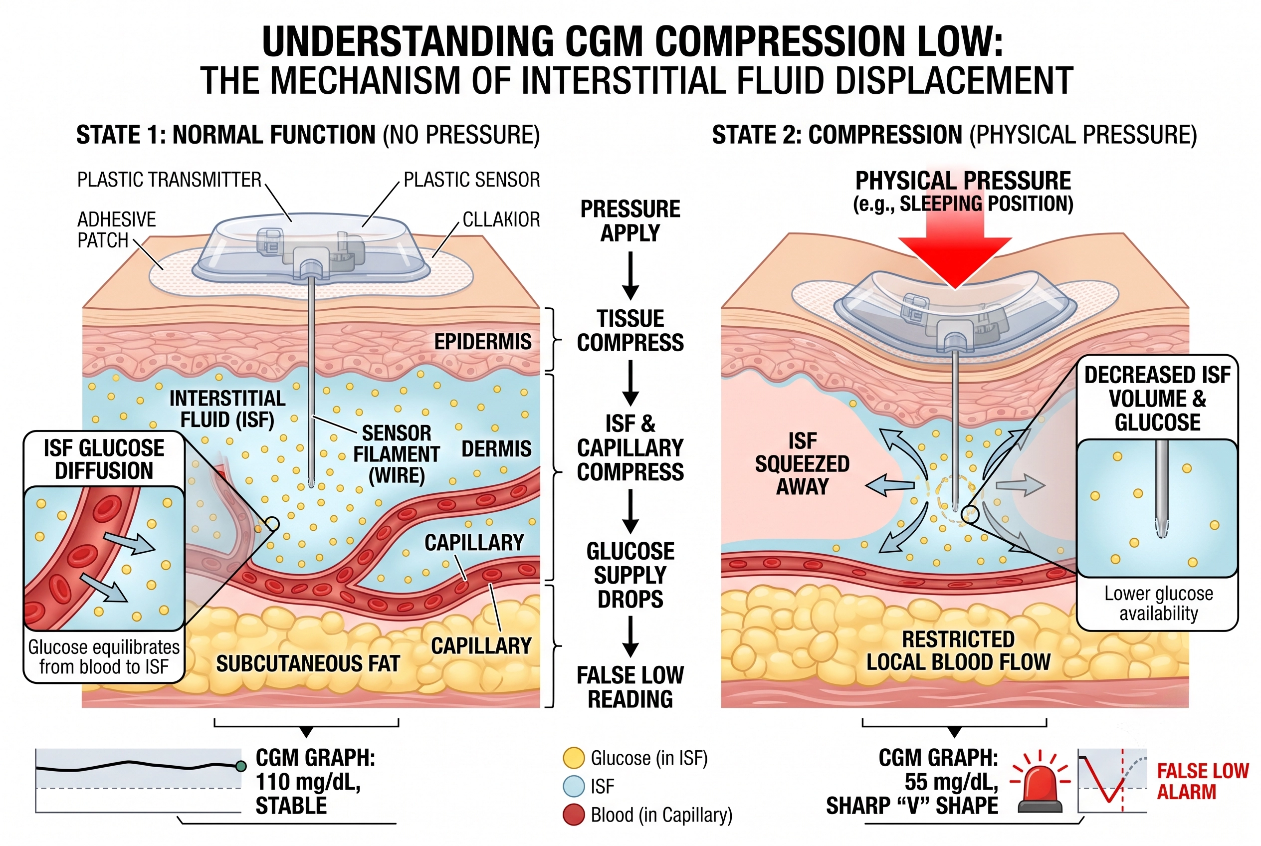 Diagram showing how body weight causes CGM compression lows by displacing interstitial fluid from the sensor.