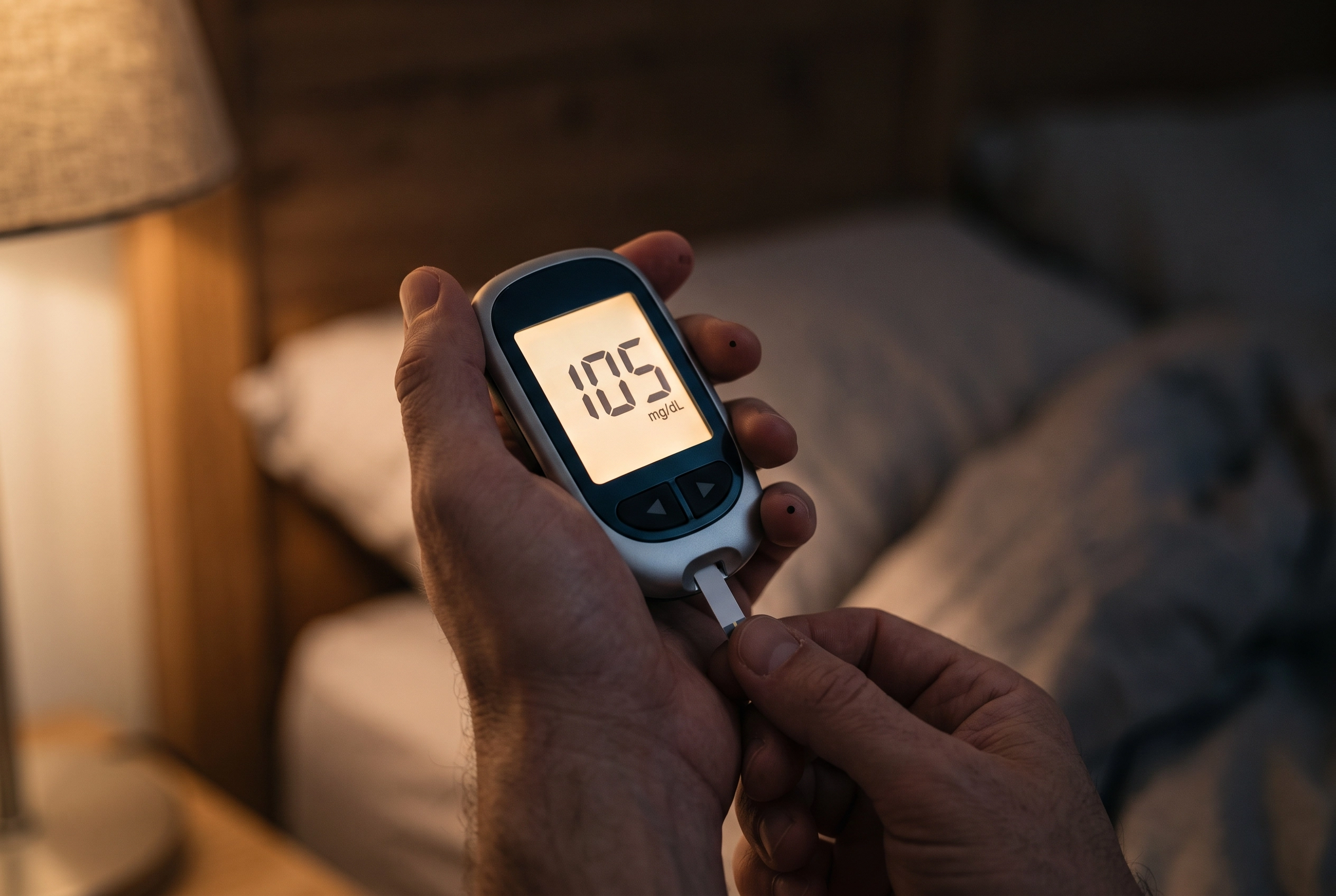 Verifying a false CGM alarm with a manual finger-stick blood glucose meter at night.