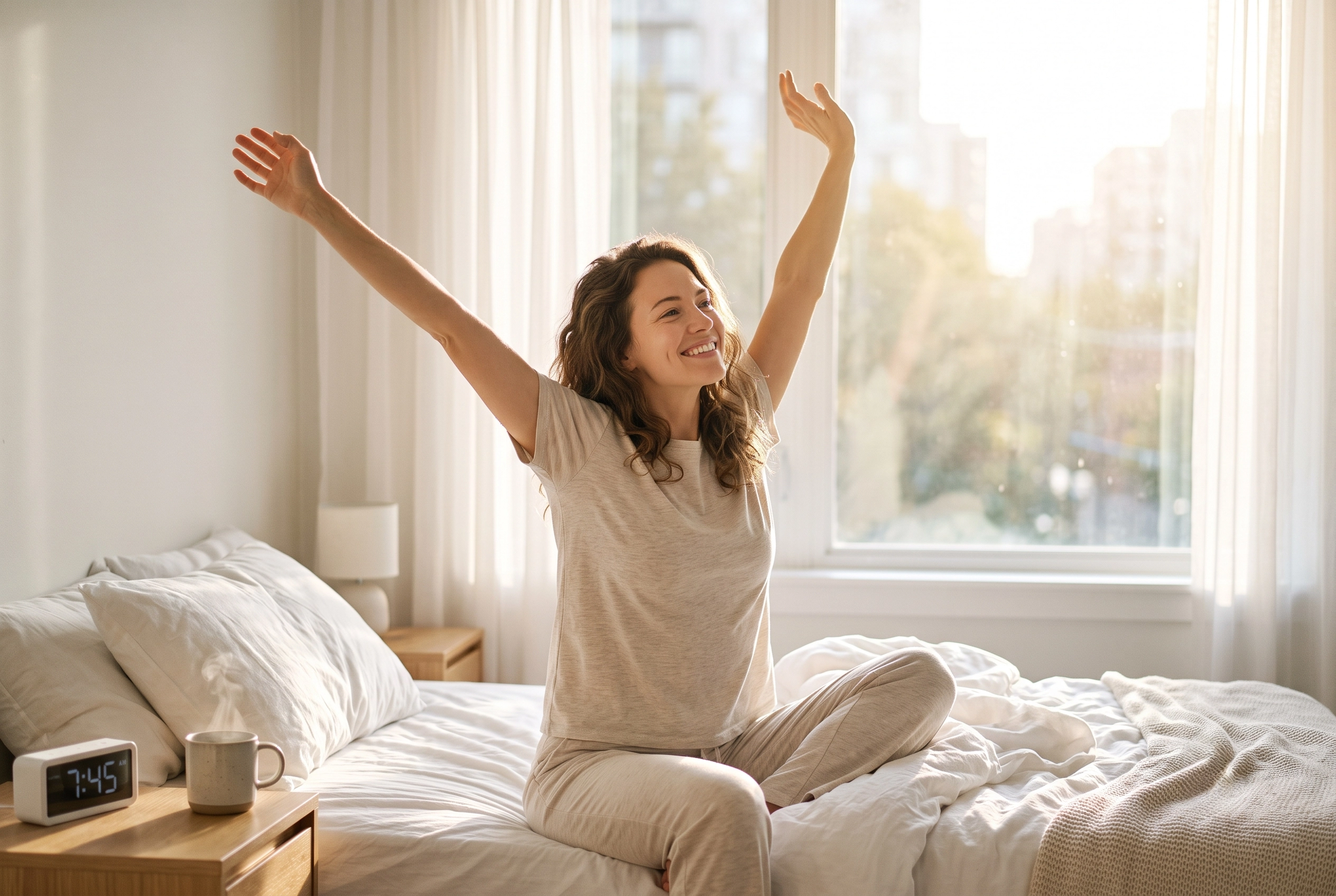 Waking up feeling rested and energetic after a night of uninterrupted sleep with stable blood sugar.