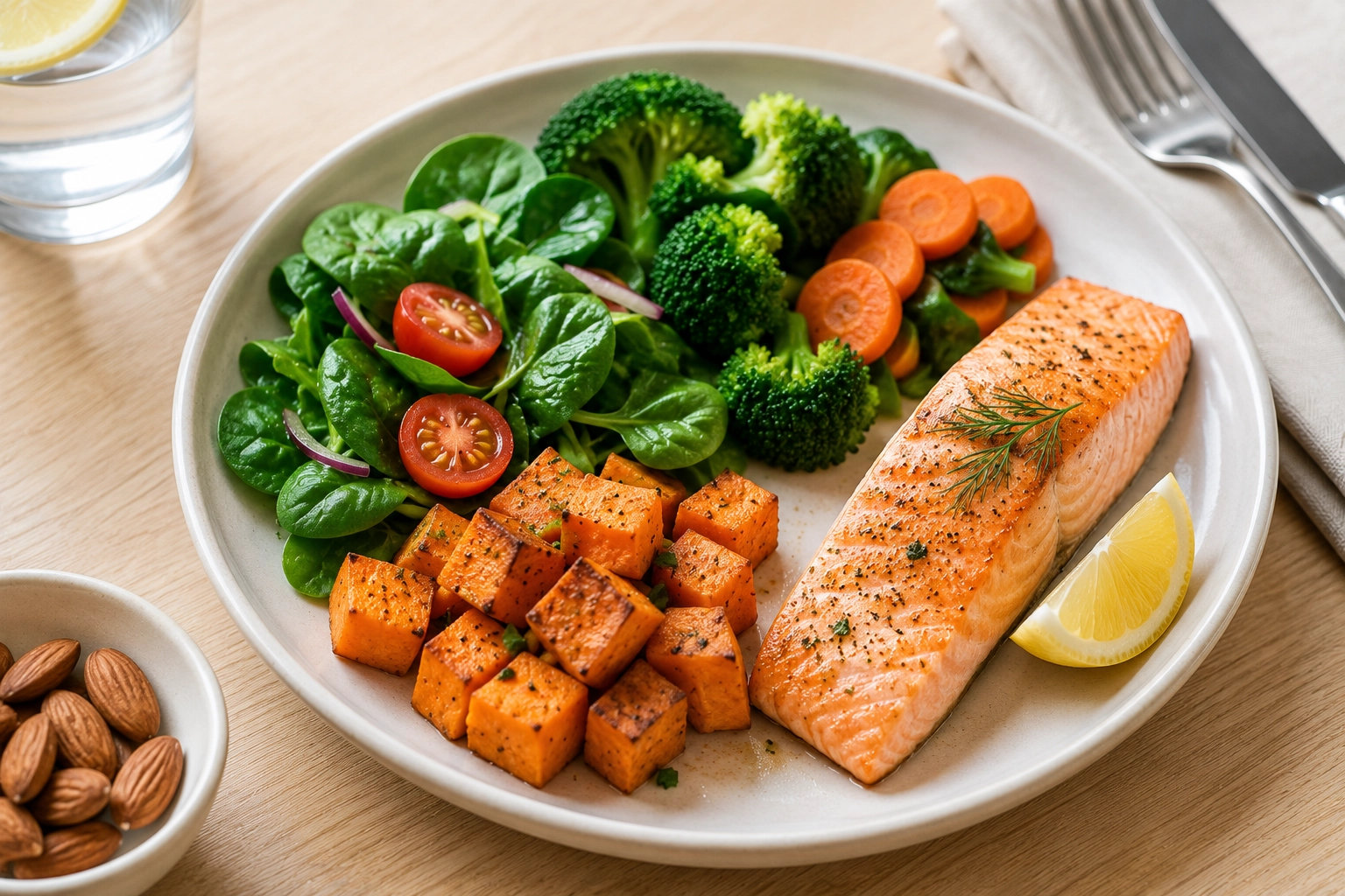 Balanced meal plate with salmon vegetables and sweet potato for gestational diabetes