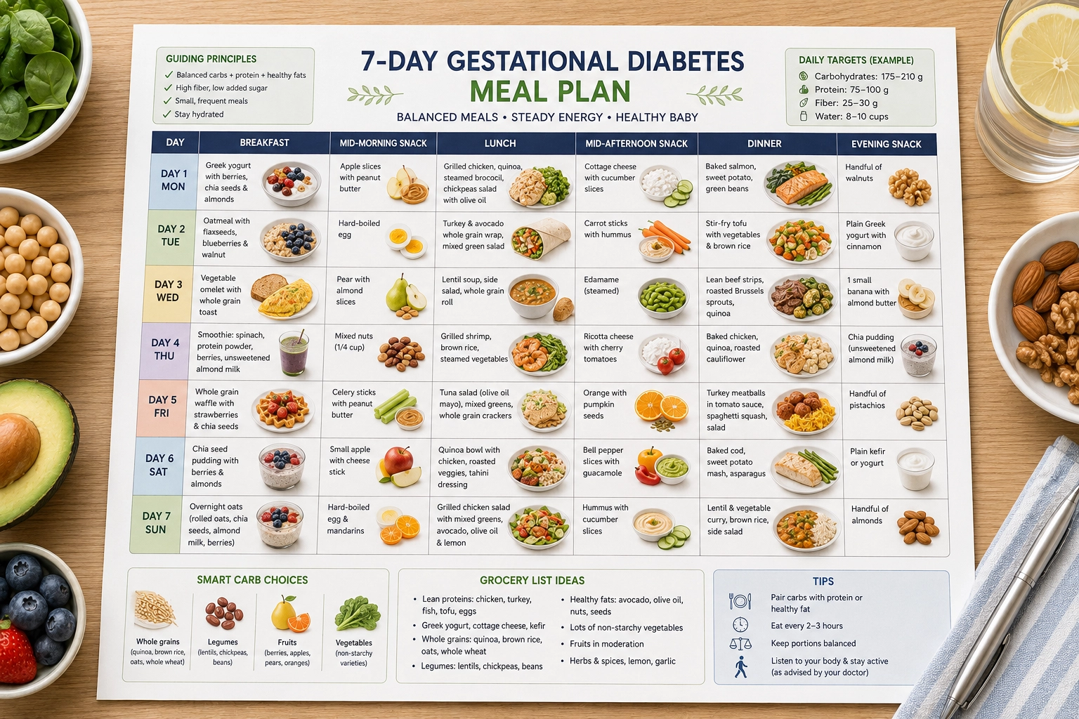 Seven day gestational diabetes meal planning sheet with healthy ingredients