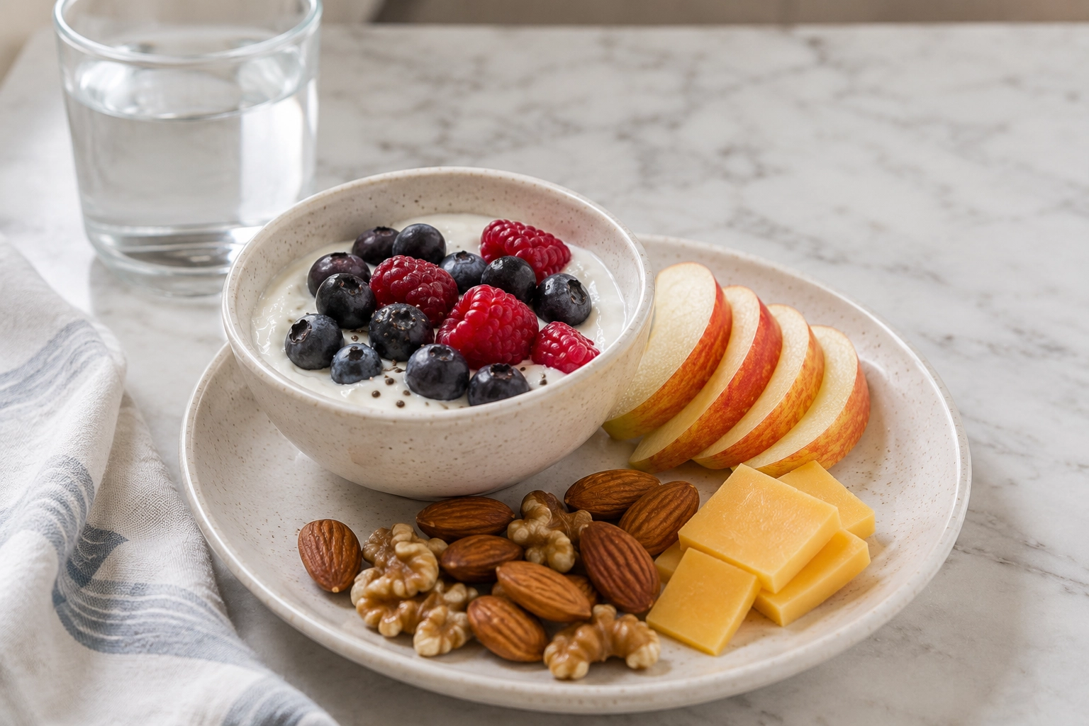 Blood sugar friendly pregnancy snack plate with yogurt berries nuts cheese and apple