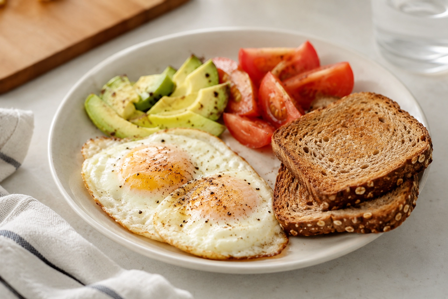 Gestational diabetes breakfast with eggs avocado tomato and whole grain toast