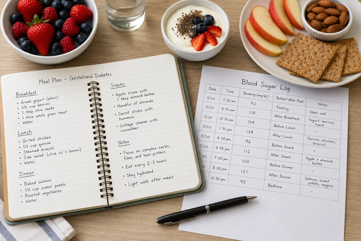 Blood sugar log and meal plan notebook for tracking gestational diabetes meals