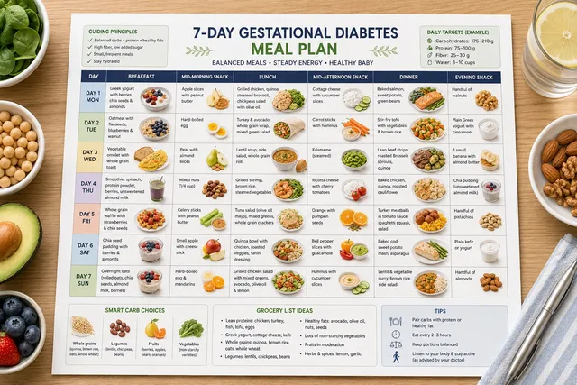 Seven day gestational diabetes meal planning sheet with healthy ingredients