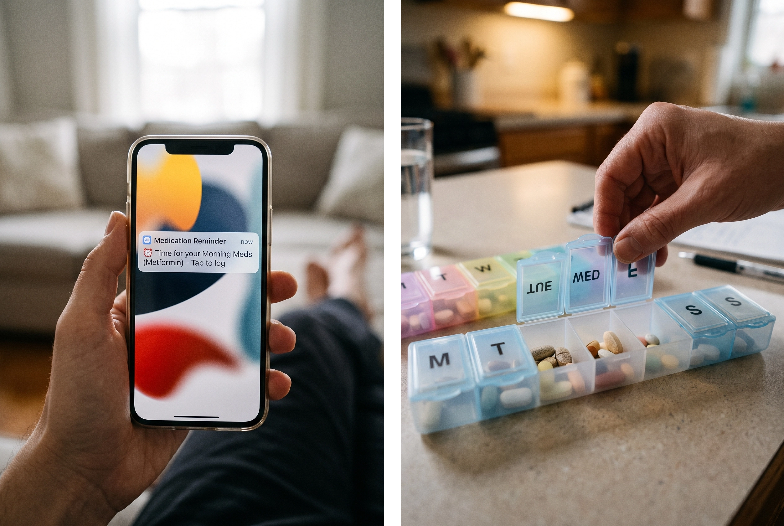 Comparison of a digital medication tracking app on a smartphone versus a physical daily pillbox.