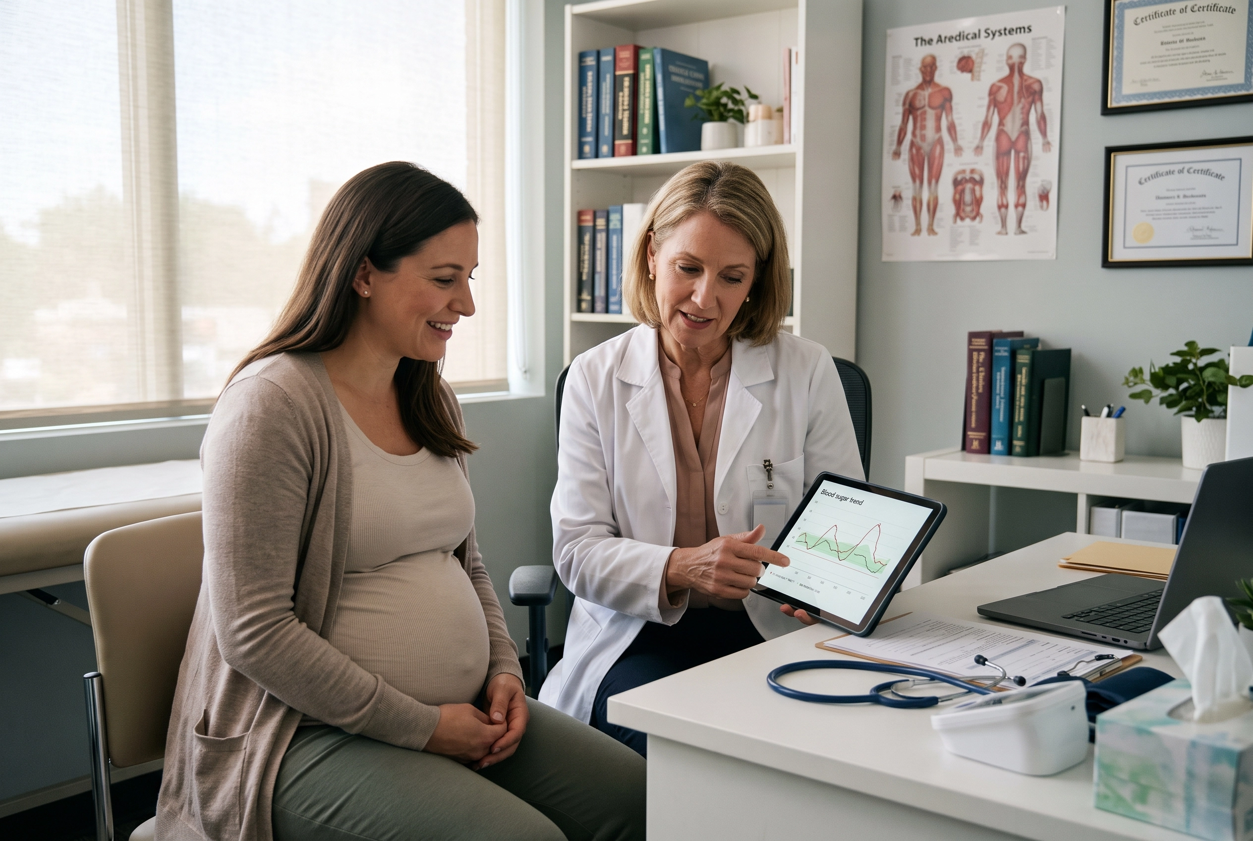 Endocrinologist helping a pregnant patient adjust her insulin dosages on a digital tablet.