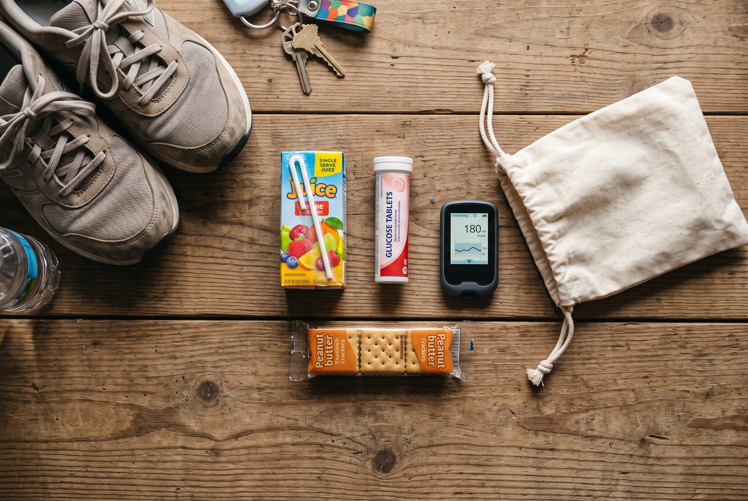 Hypoglycemia emergency kit with glucose tablets, juice, and a blood sugar monitor next to walking shoes.