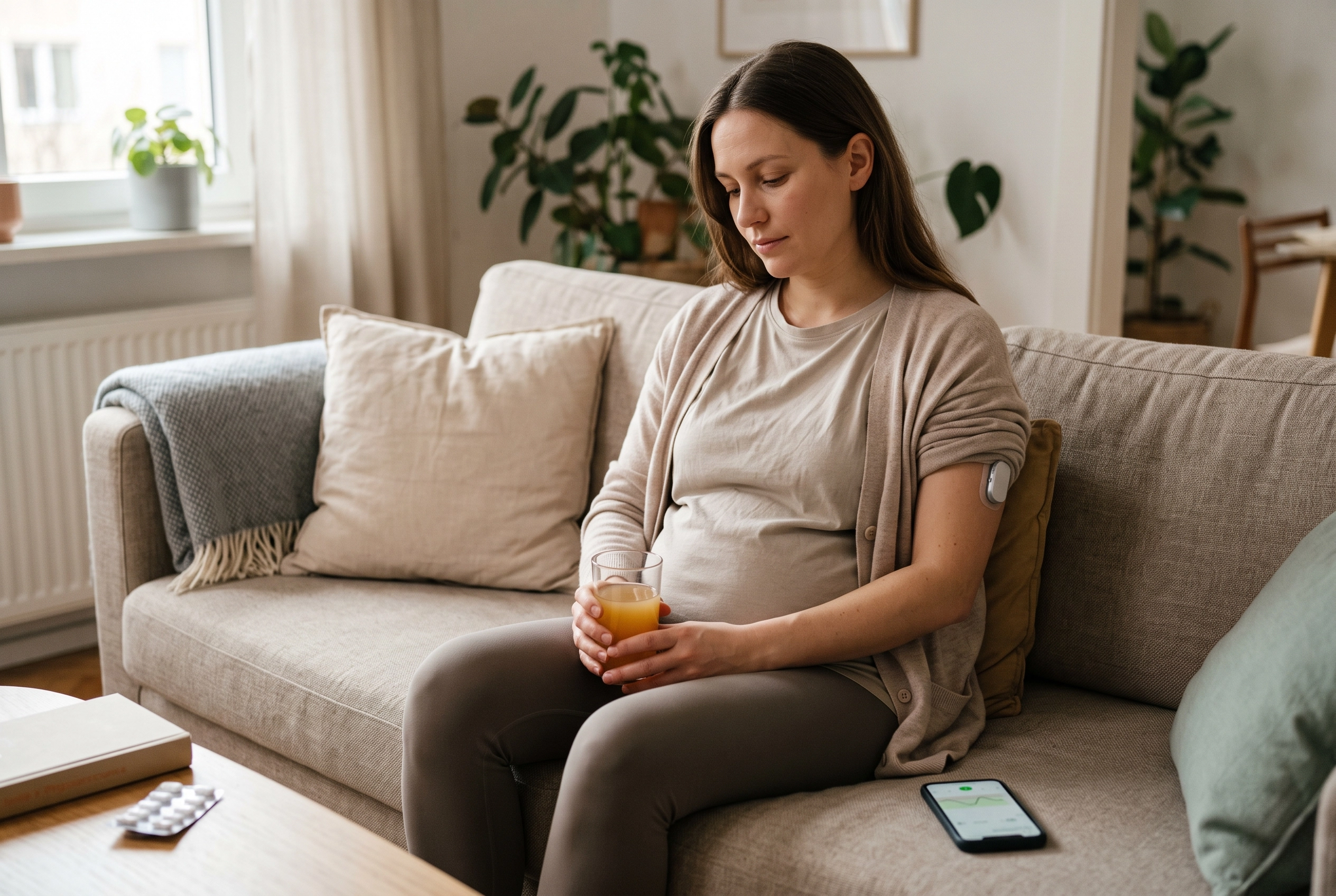 Pregnant woman with diabetes sitting on a couch treating low blood sugar with a glass of juice.