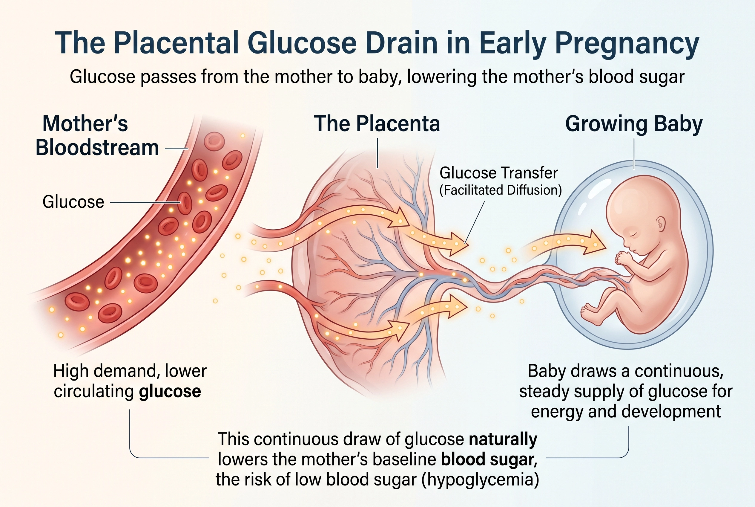 Diagram showing how glucose transfers across the placenta from mother to fetus during early pregnancy.