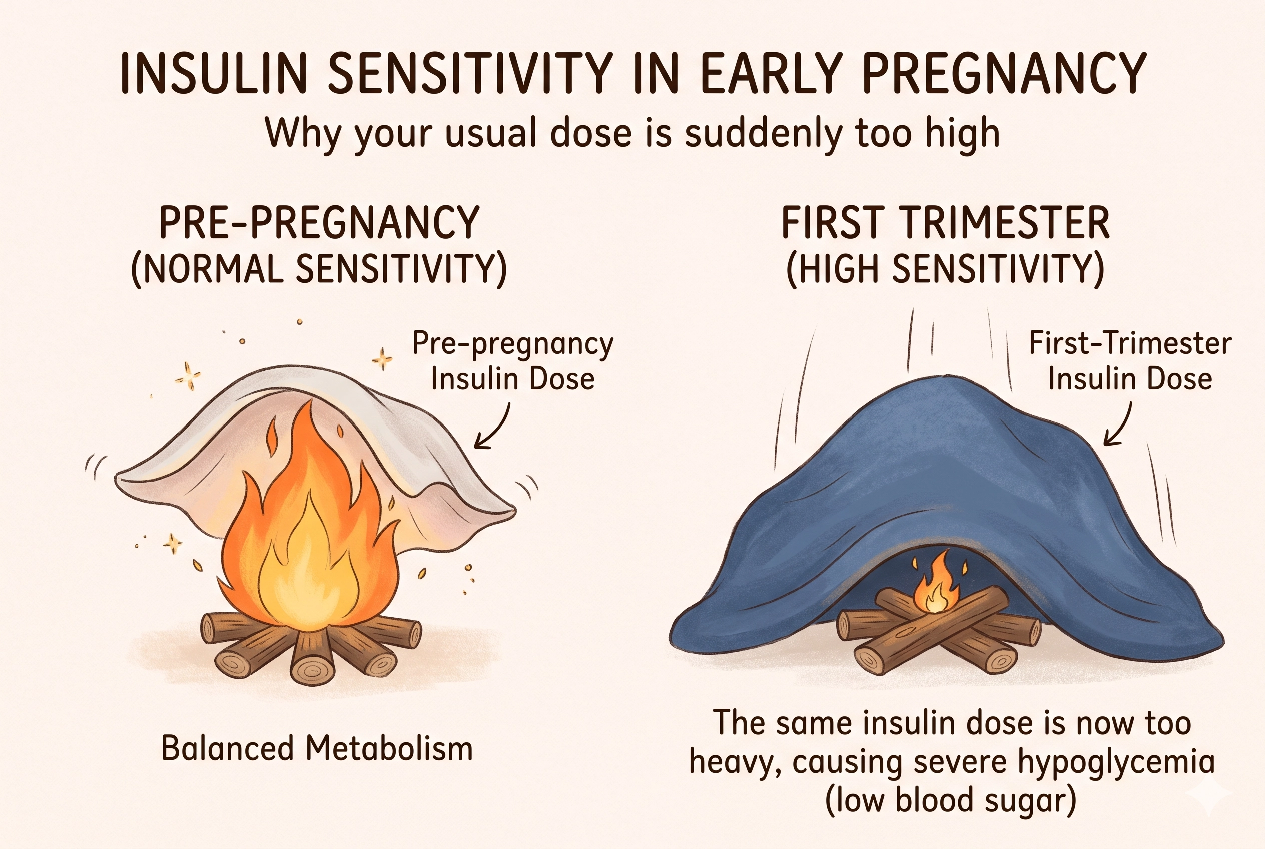 Illustration comparing pre-pregnancy insulin doses to first-trimester insulin sensitivity.
