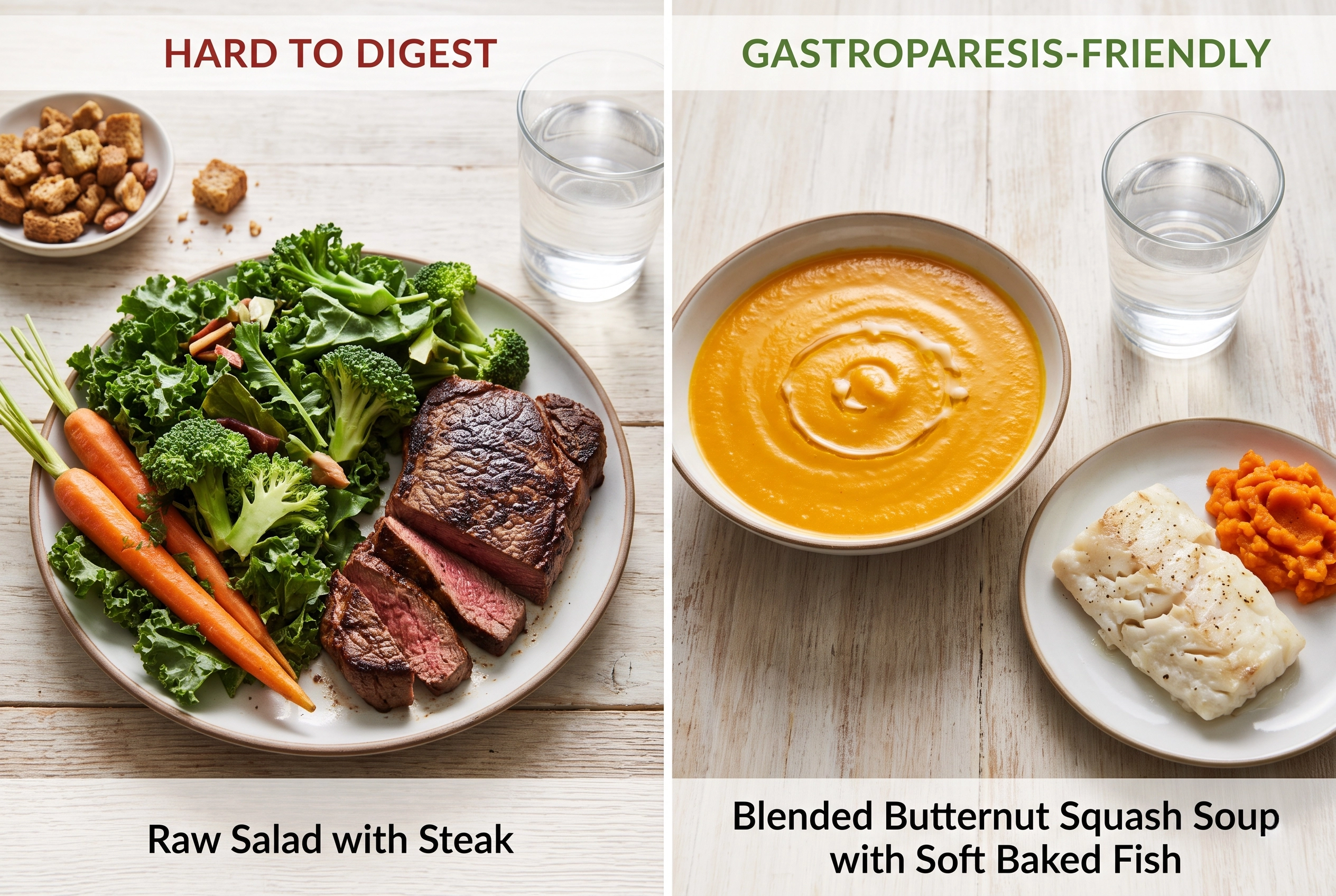 Comparison of high-fiber raw foods versus soft, easy-to-digest meals for gastroparesis management.