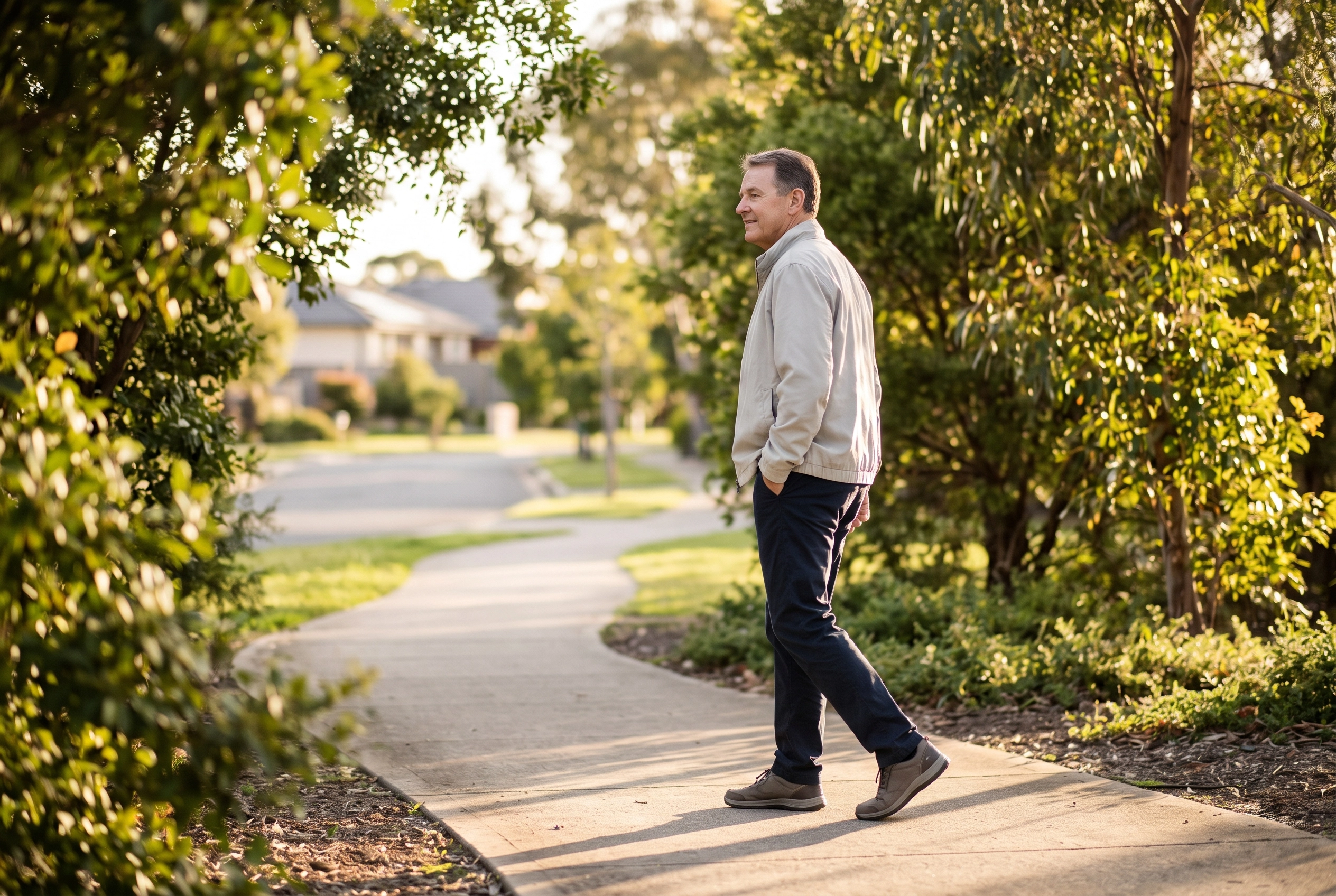 Person taking a gentle walk after a meal to help gravity move food through the stomach.